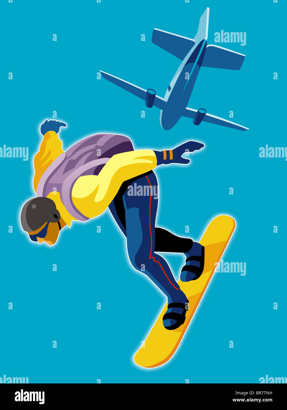 Ein extremer Snowboarder springt aus einem Flugzeug Stockfoto