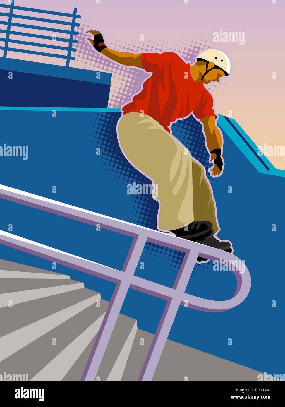 Ein Inline-Skater ein Geländer Herunterrutschen Stockfoto