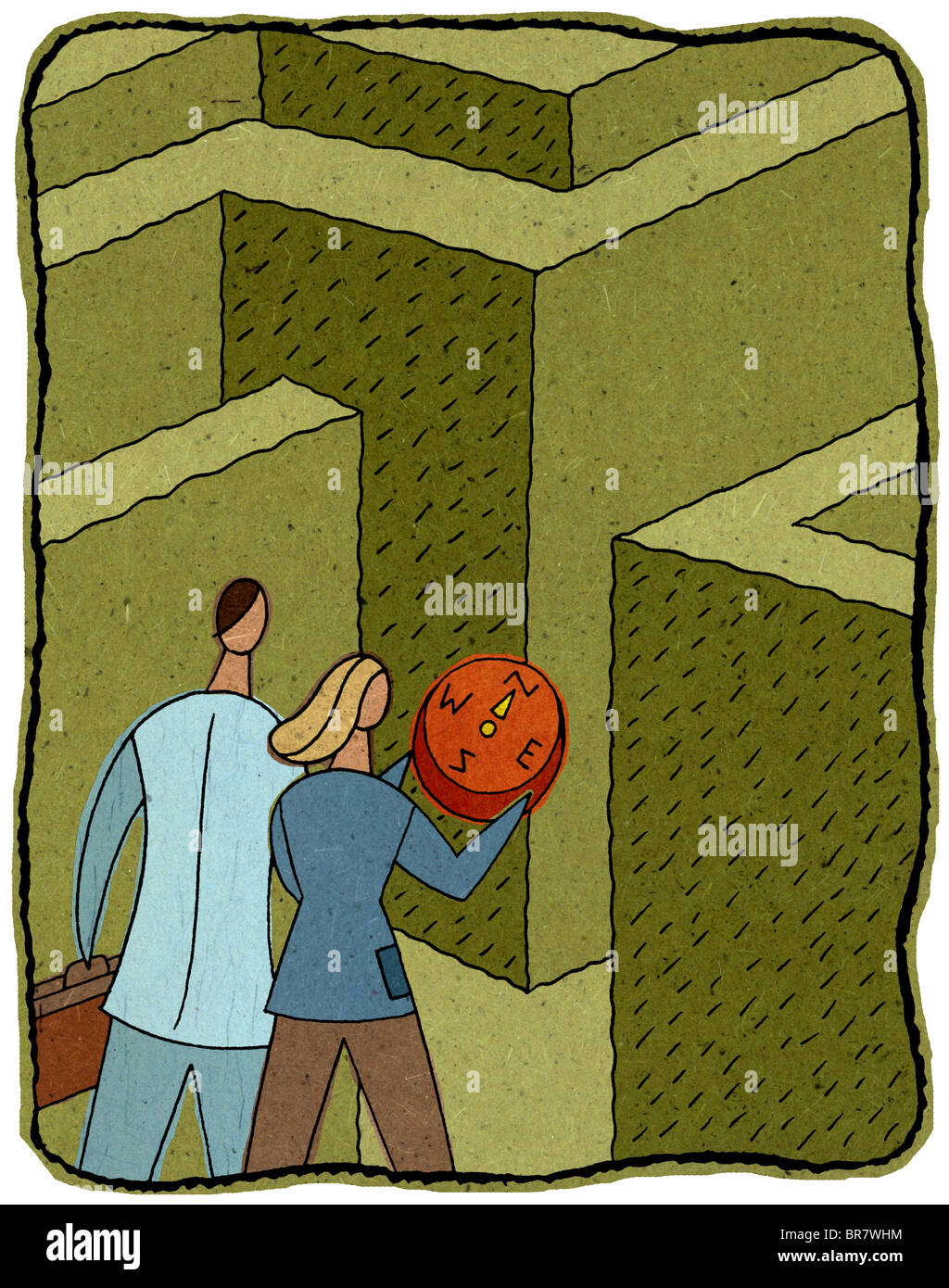 Menschen mit einem Kompass in einem Labyrinth Stockfoto