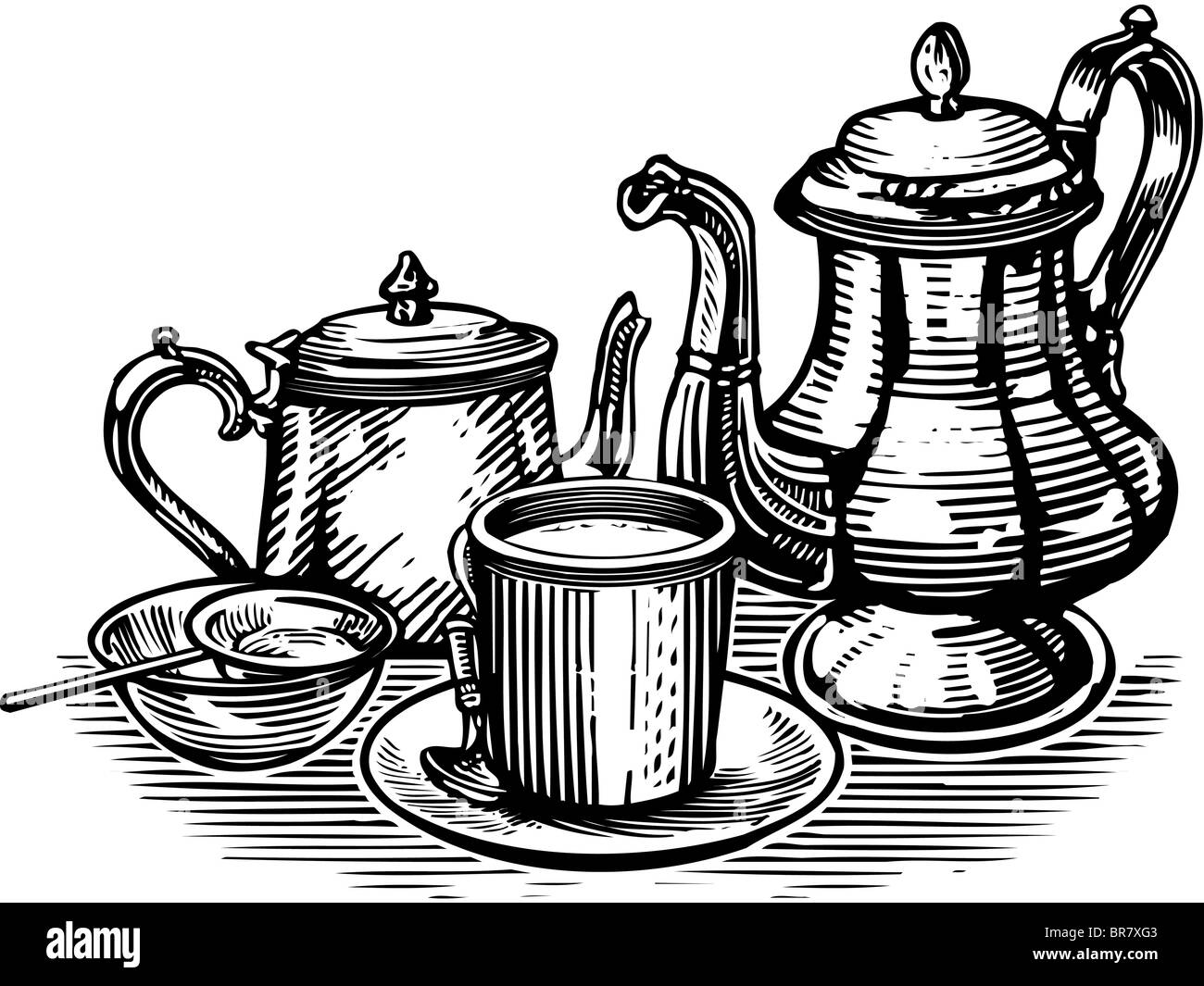 Eine schwarz / weiß Darstellung ein Tee-set Stockfoto