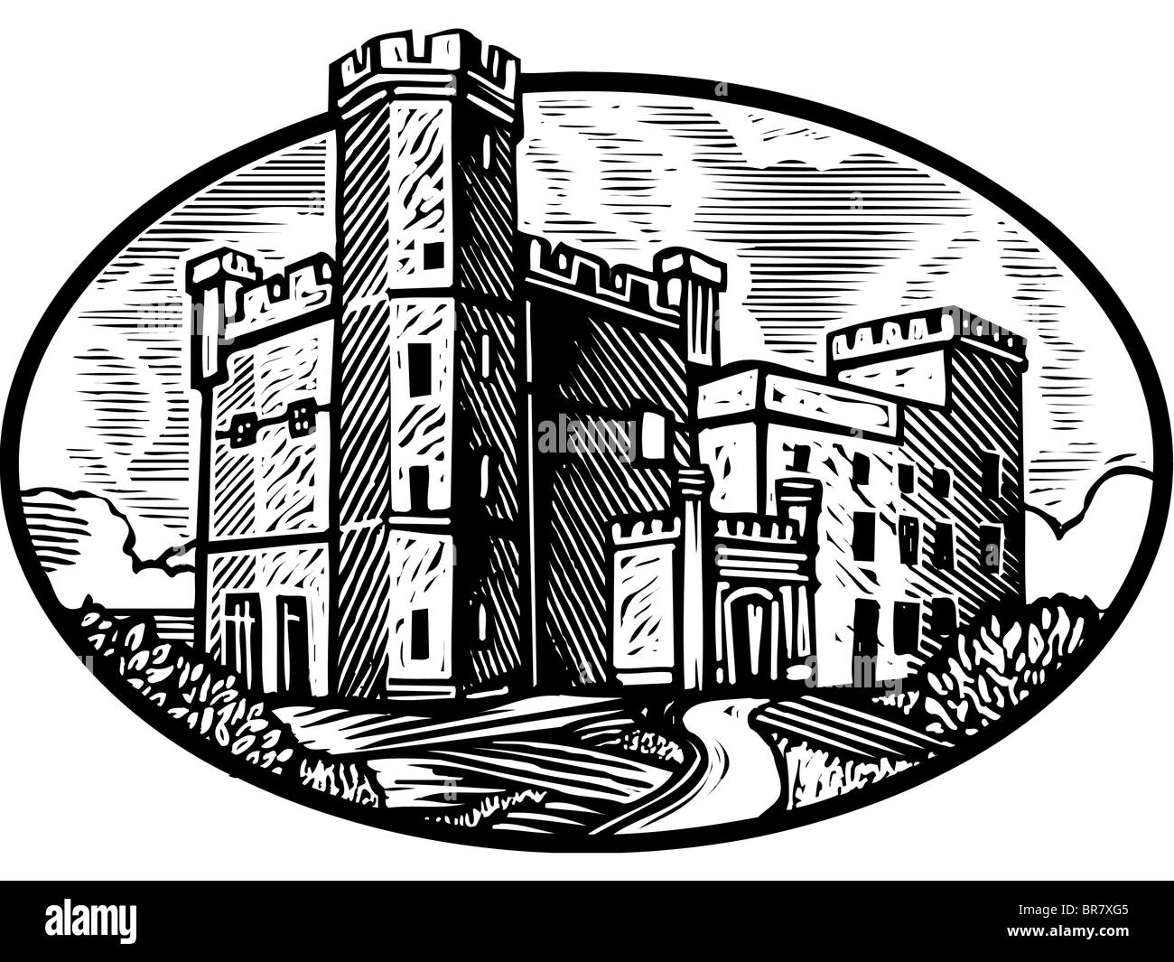 Schwarze und weiße bildliche Darstellung einer Burg Stockfoto
