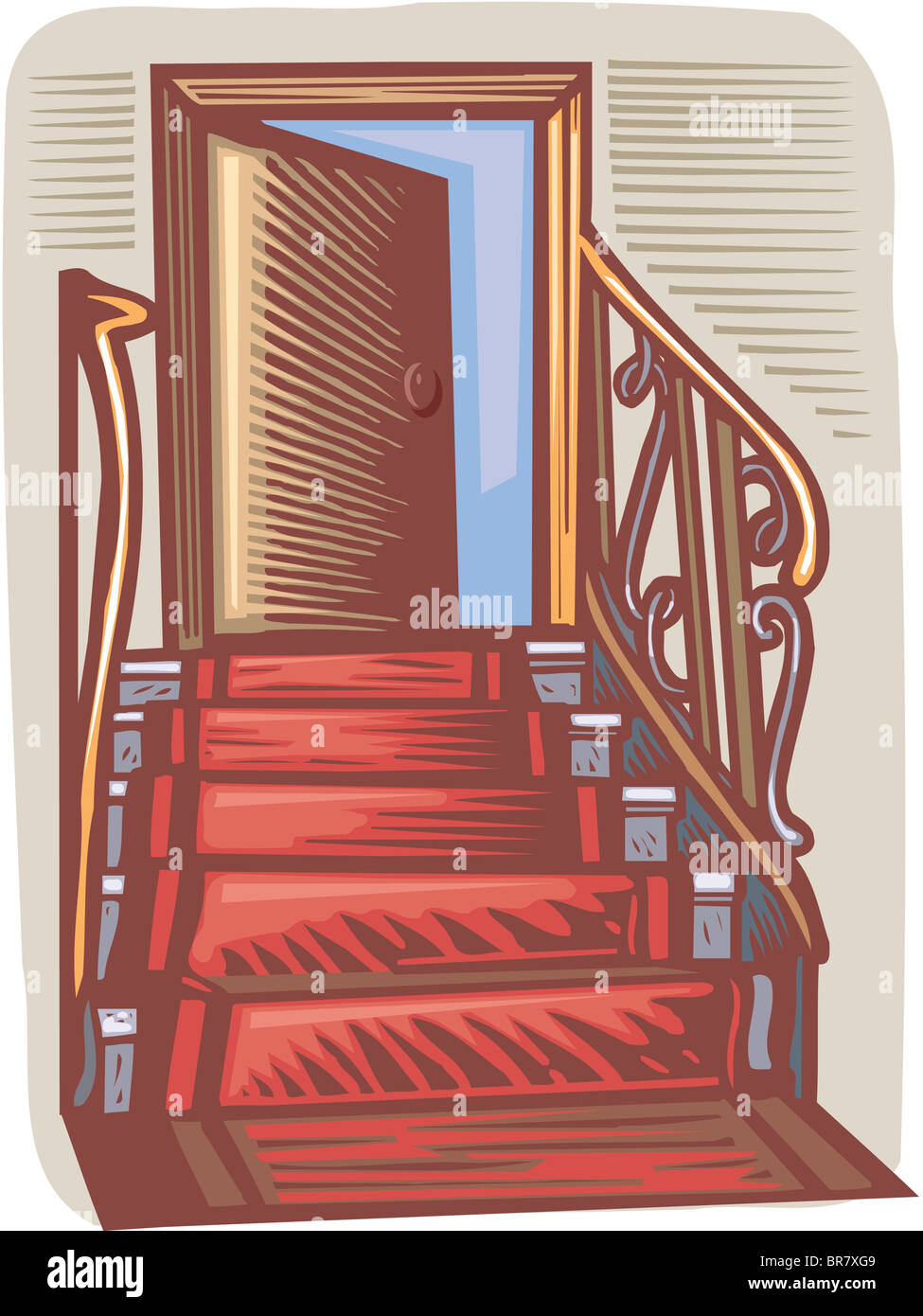 Ein roter Teppich führt die Treppe hinauf, eine offene Tür Stockfoto