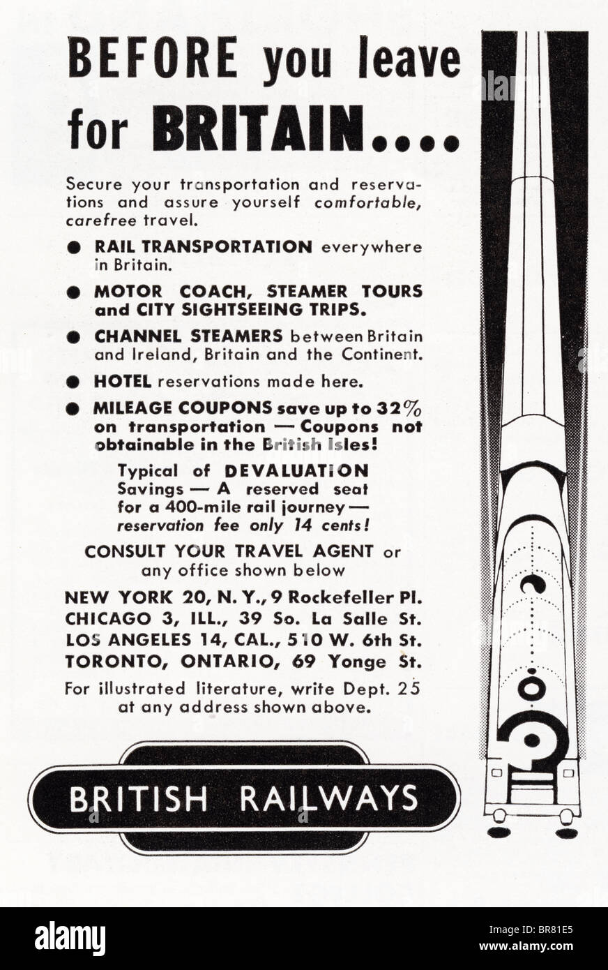 Schwarz / weiß amerikanischen Magazin Werbung für British Railways um 1950 Stockfoto