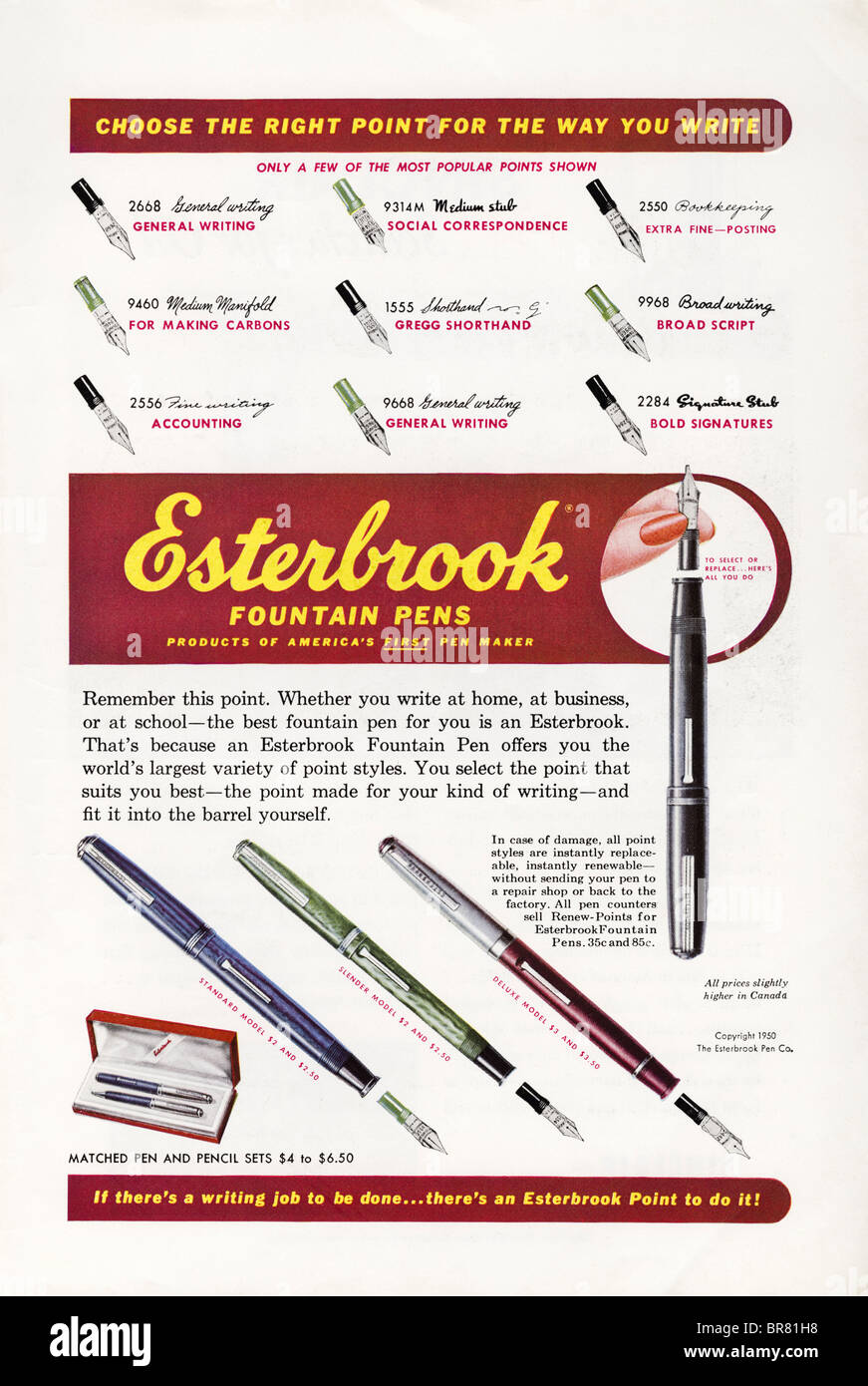 Farbe amerikanischen Magazin Werbung für Esterbrook Füllfederhalter um 1950 Stockfoto