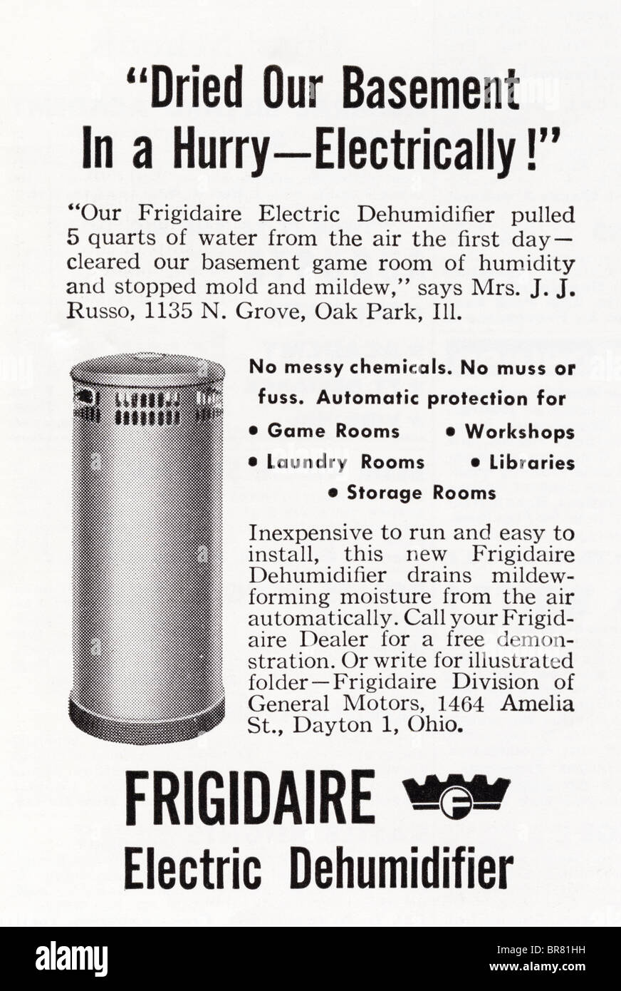 Schwarz / weiß amerikanischen Magazin Werbung für Frigidaire elektrische Luftentfeuchter um 1950 Stockfoto