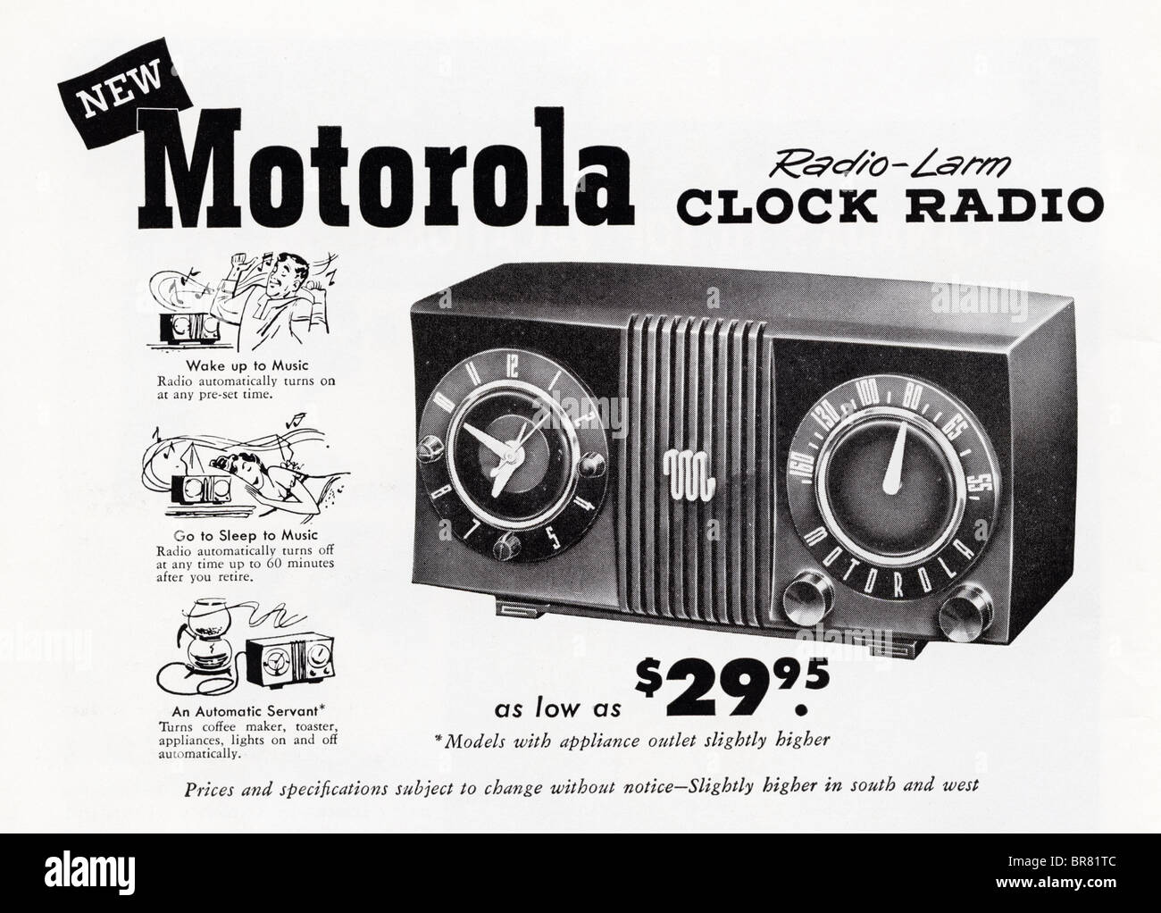 Schwarz / weiß amerikanischen Magazin Werbung für Motorola Radiowecker Wecker um 1950 Stockfoto