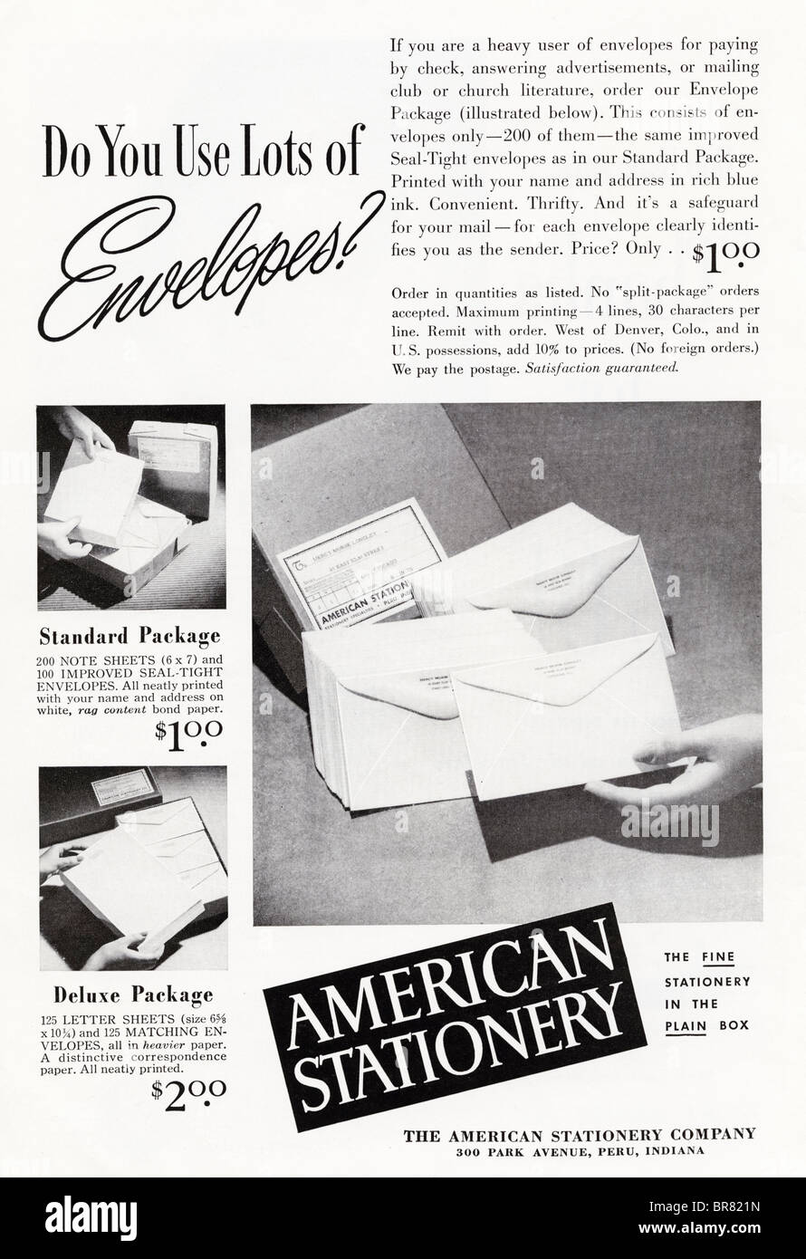 Amerikanische Zeitschrift schwarz / weiß Anzeige für die amerikanische stationäre Firma um 1950 Stockfoto