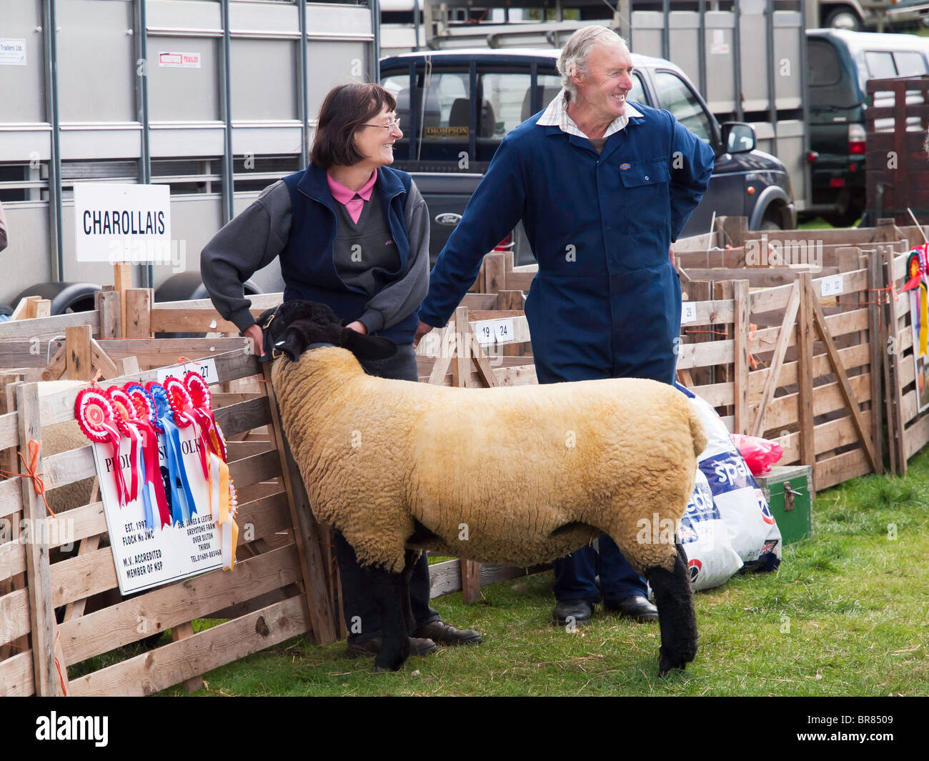 Die stolzen Besitzer mit einem preisgekrönten Suffolk Schaf am Stokesley landwirtschaftliche show 2010 Stockfoto
