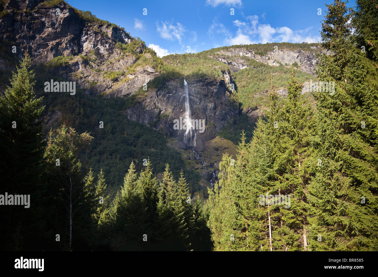 Alpine Szene mit Wasserfall, Flåm Tal, Norwegen Stockfoto