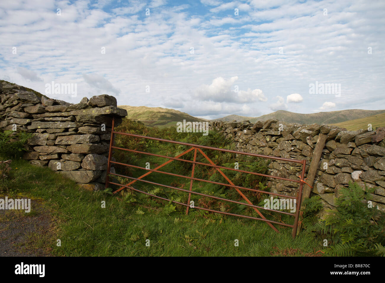 Alte Bauern Tor auf ein Feld mit trockenen Stein Wand im Lake District Stockfoto
