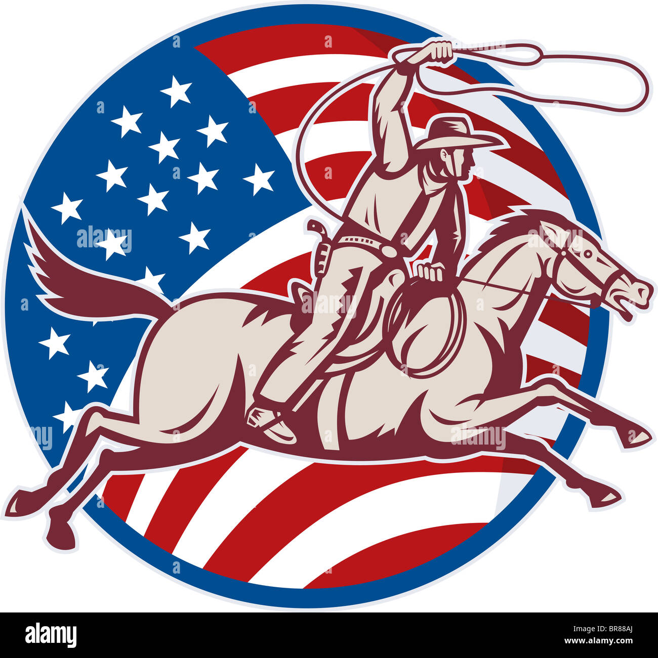 Abbildung eines Cowboy auf Pferd mit Lasso und amerikanische Flagge Stockfoto