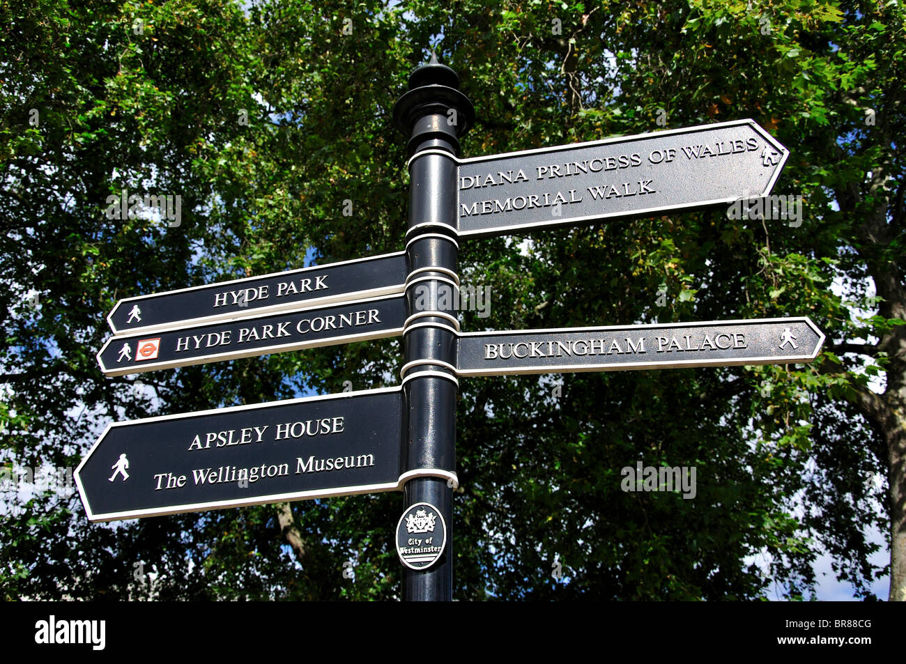 Post-Zeichen, Hyde Park Corner, City of Westminster, Greater London, England, Vereinigtes Königreich Stockfoto