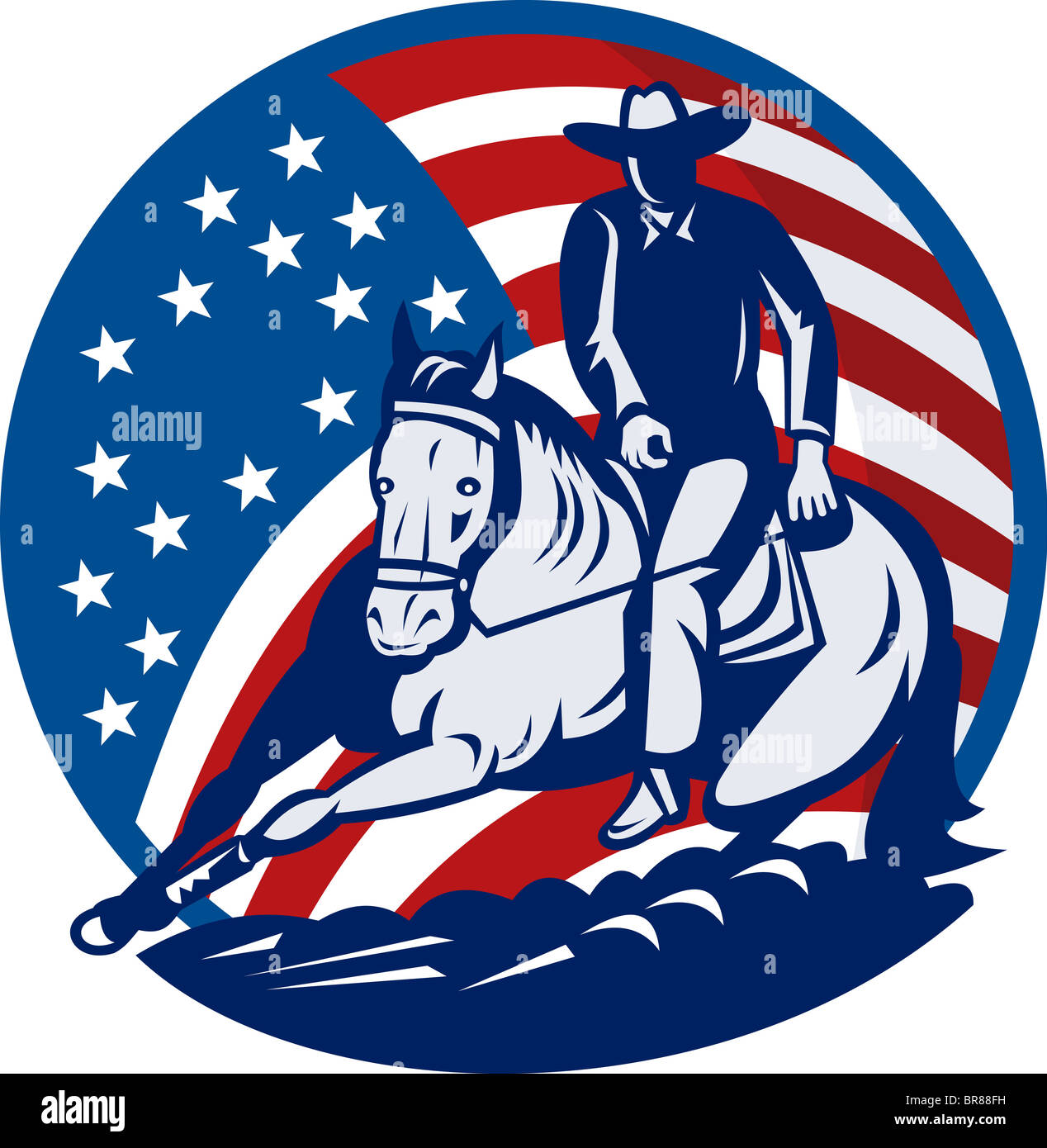 Rodeo Cowboy Pferd schneiden Sternen und Streifen im Hintergrund Stockfoto