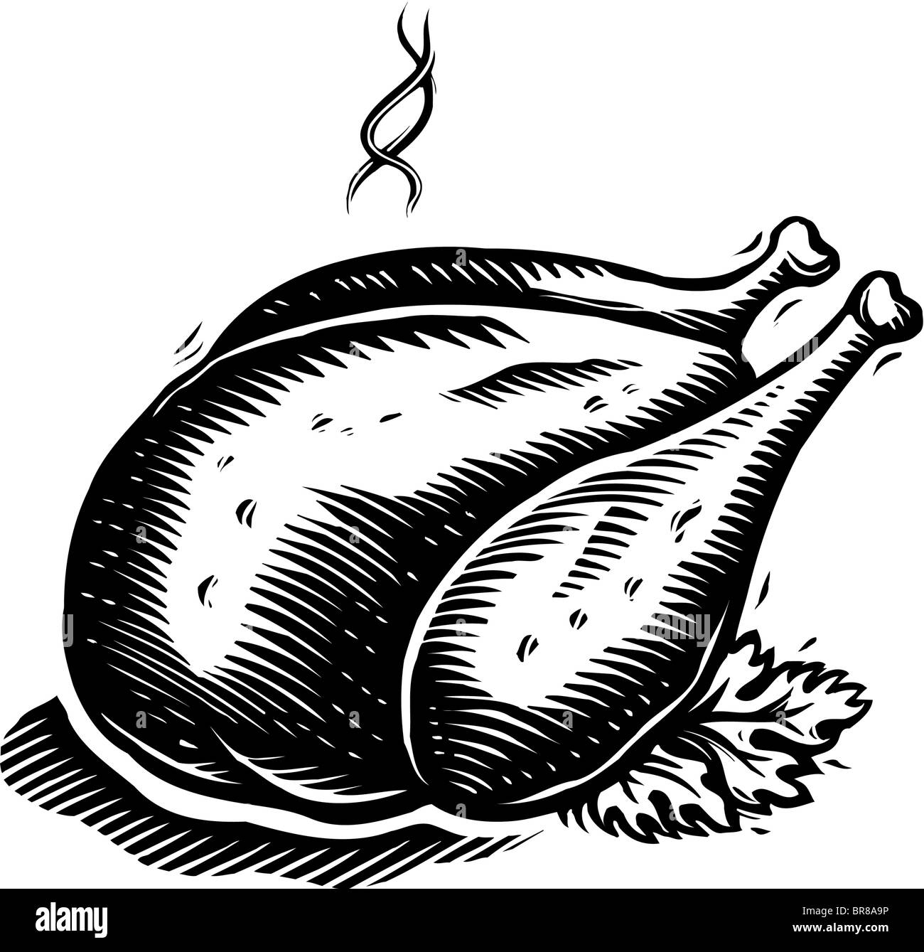 Eine Zeichnung von einem gebratenem Truthahn in schwarz / weiß servierbereit Stockfoto