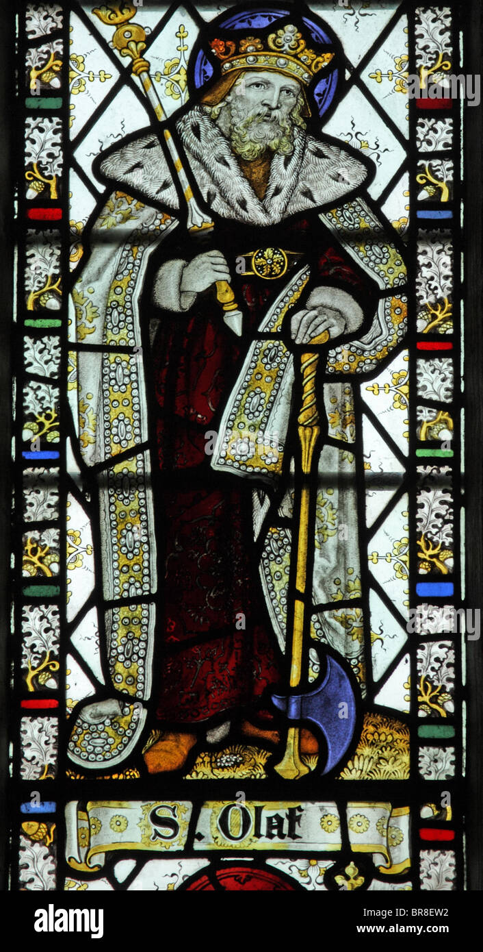Ein Glasfenster von C E Kemp & Co. Darstellung Heiligen Olaf, Poughill Kirche, Cornwall Stockfoto