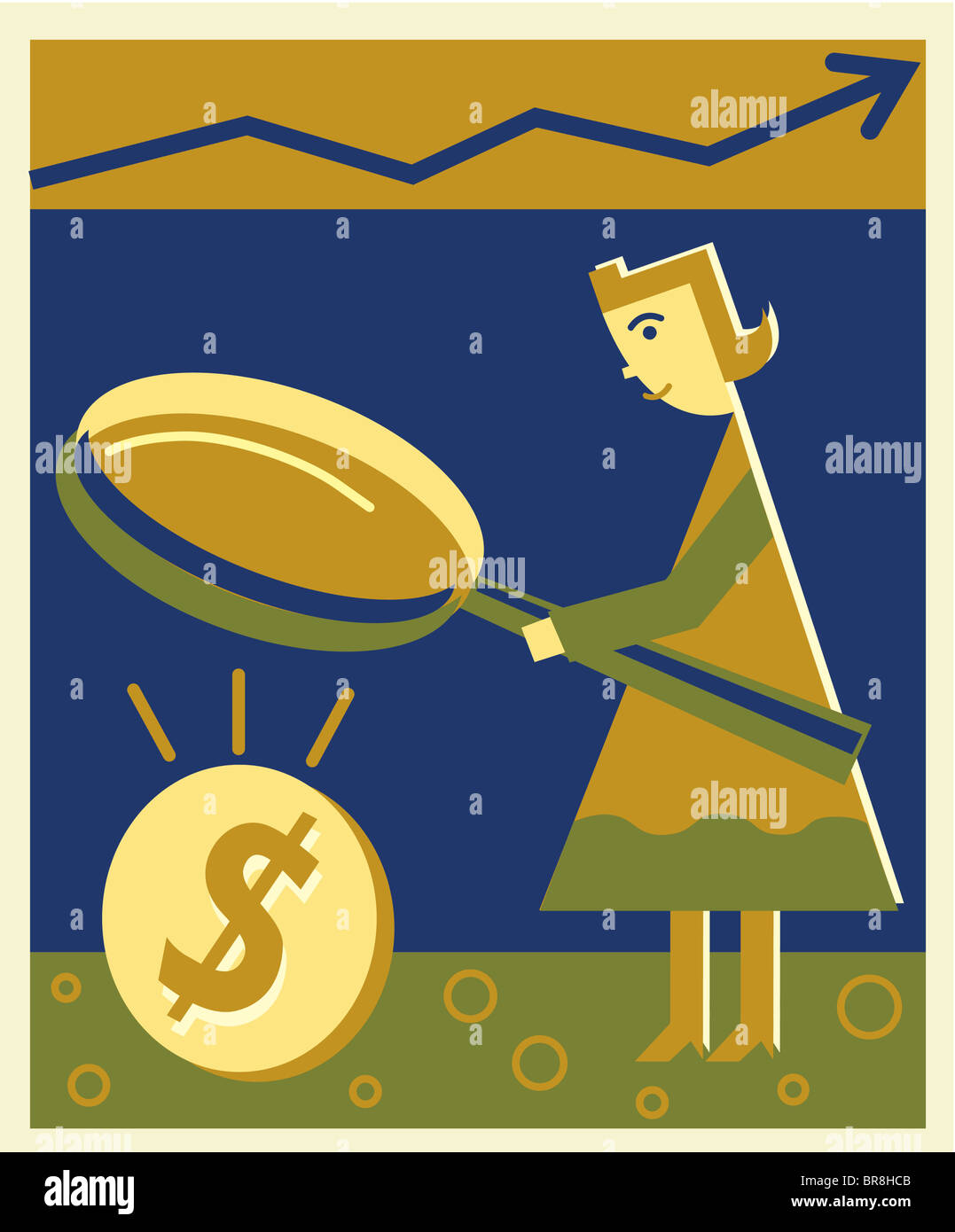 Eine Frau, die Geld durch eine Lupe betrachten Stockfoto