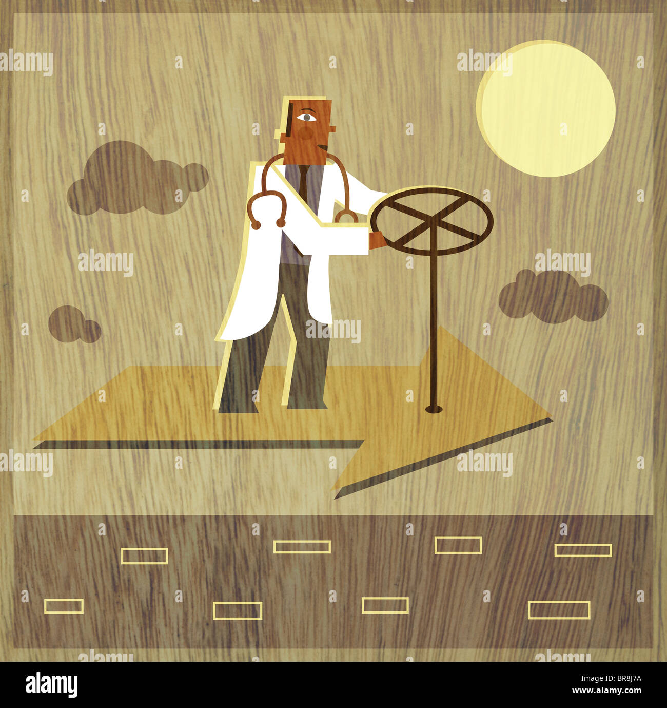 Ein Arzt, die Lenkung eines fliegenden Pfeils Stockfoto