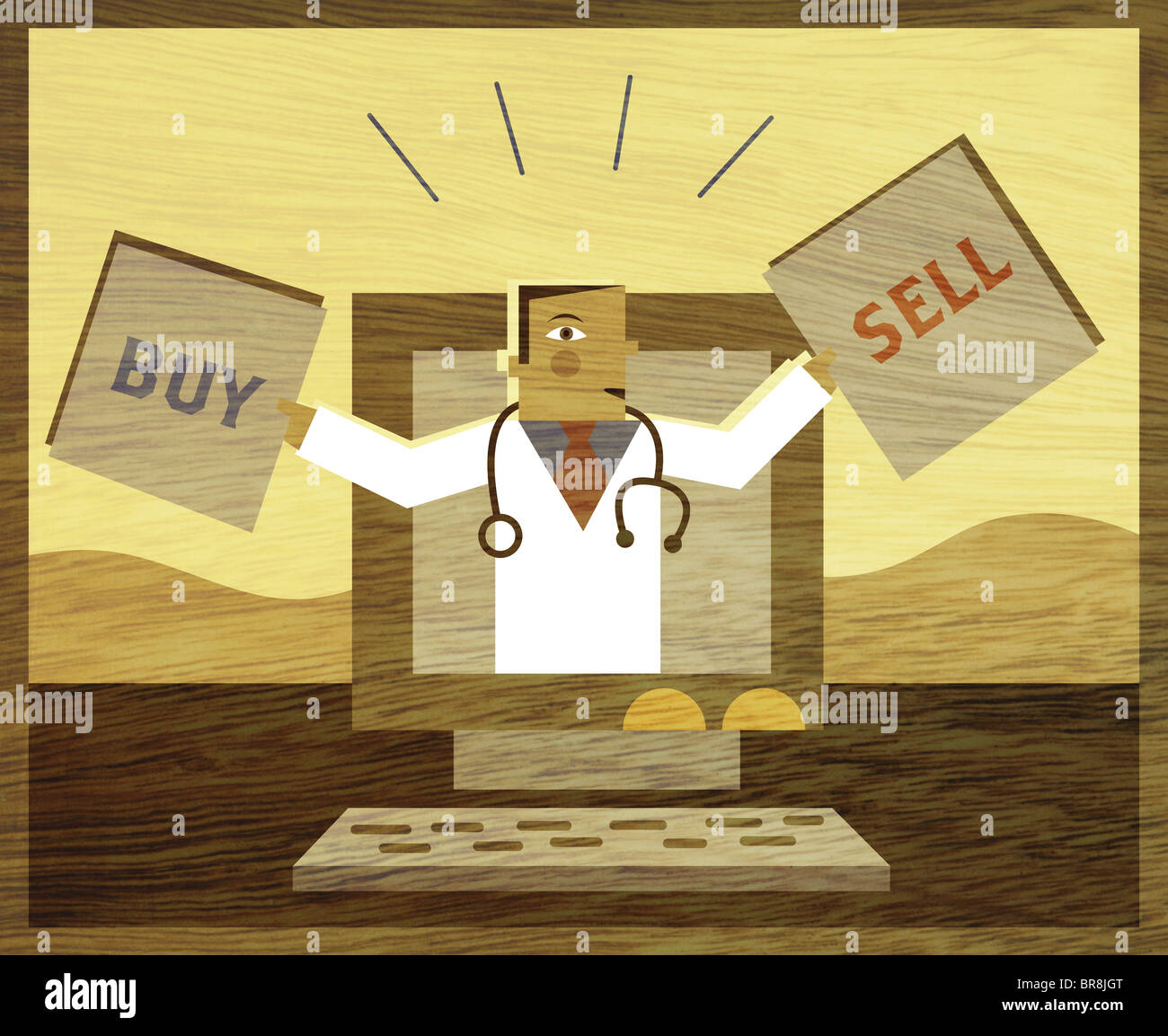 Ein Arzt hält kaufen und verkaufen, Schilder und heben sich aus in einem Computer-monitor Stockfoto