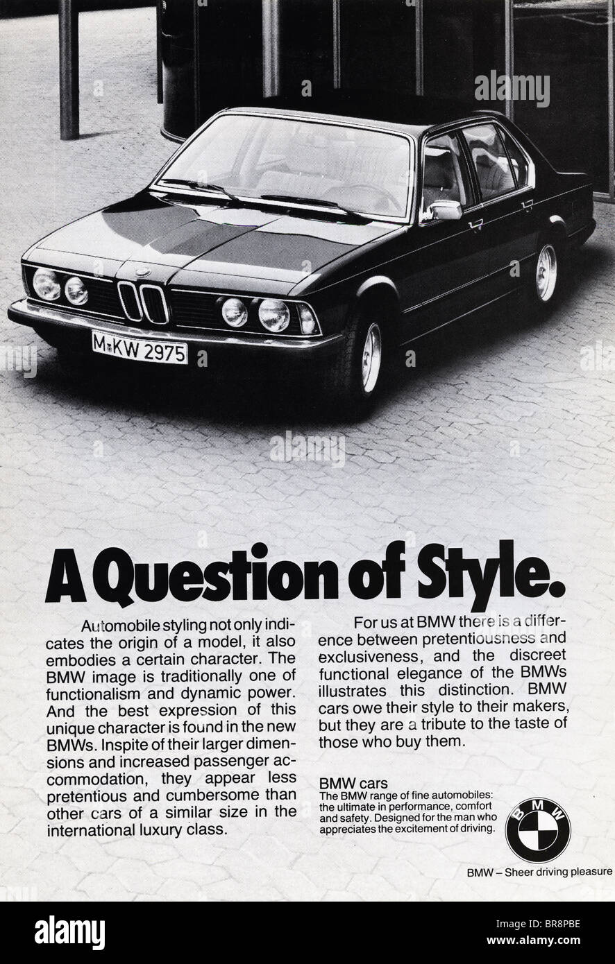 Black And White Magazin Werbung für BMW Autos ca. 1978 Stockfoto