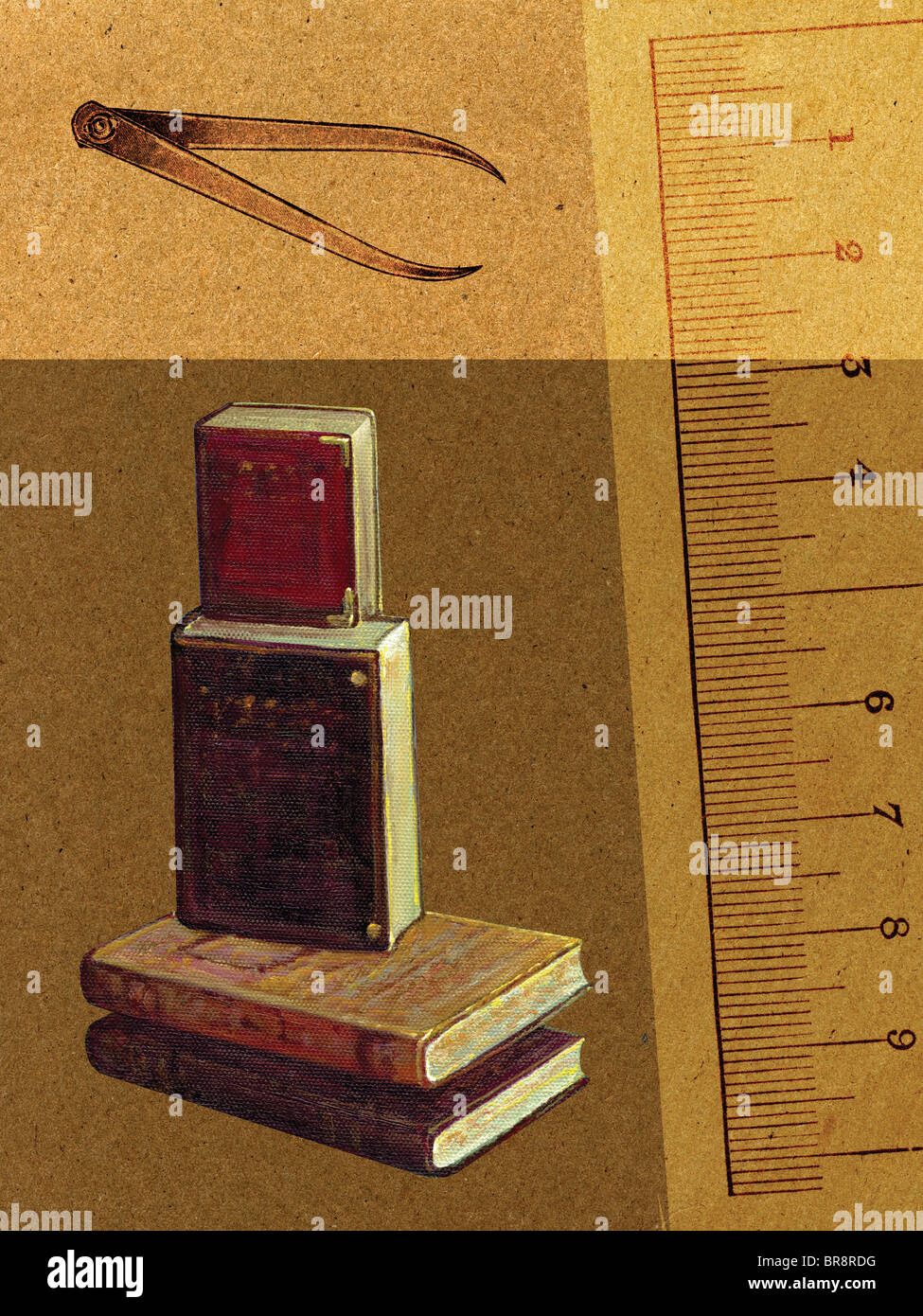 Ein Stapel von Büchern, ein Lineal und Bremssättel Stockfoto