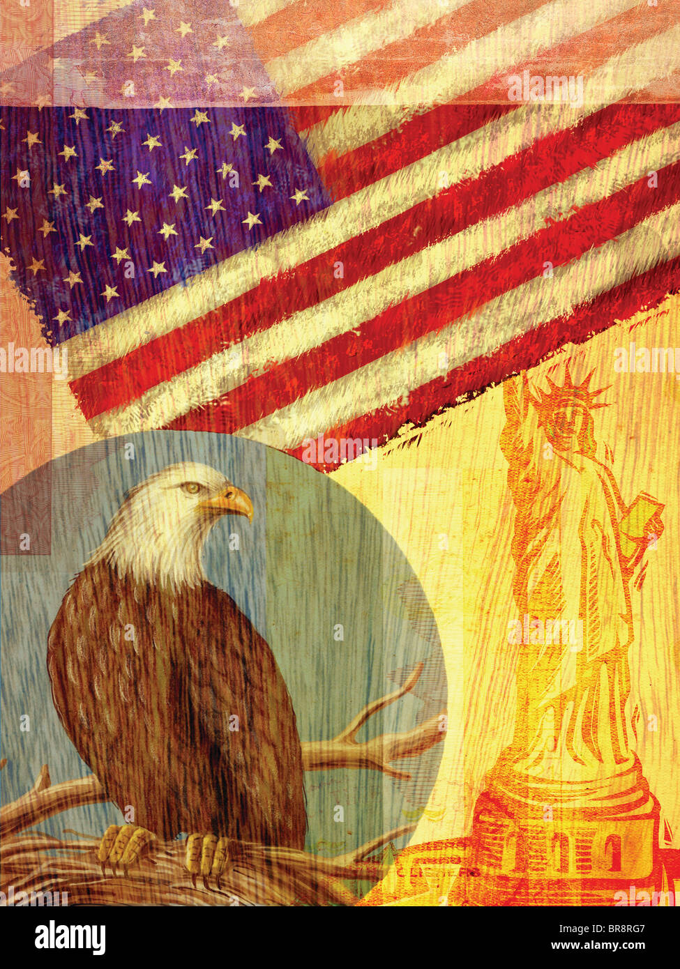Collage mit den Vereinigten Staaten mit einem Adler, Flagge und die Statue of Liberty Stockfoto
