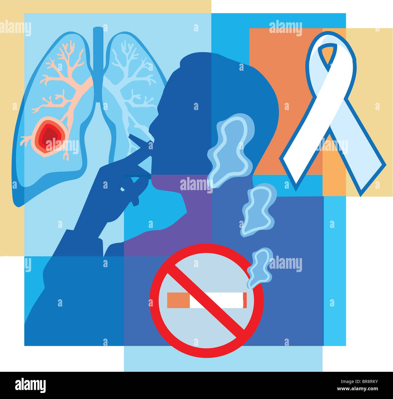 Collage zur Veranschaulichung Lungenkrebs mit einer klaren Schleife, ein Mann Rauchen und kein Rauchen Zeichen Stockfoto