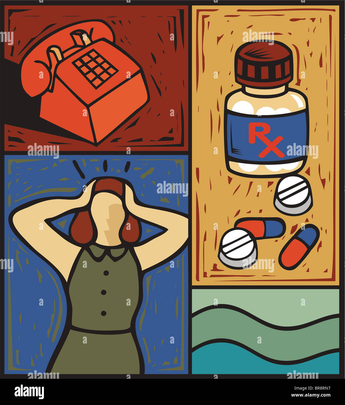 Montage von einem Telefon, einer Flasche verschreibungspflichtige Medikamente, Pillen und eine Frau hält ihren Kopf Stockfoto