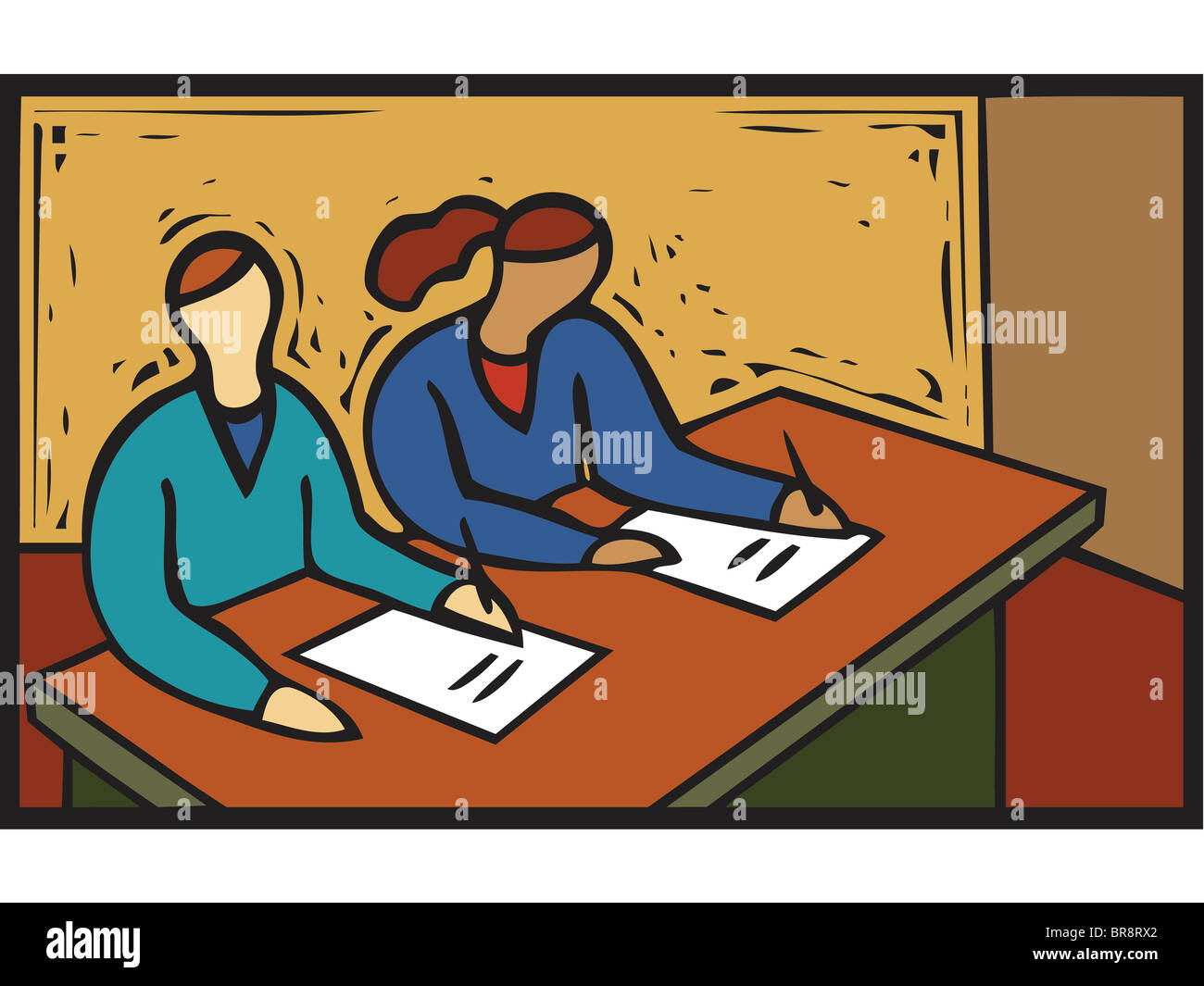 Abbildung von zwei Studenten, die an einem Schreibtisch in einem Klassenzimmer zu schreiben Stockfoto