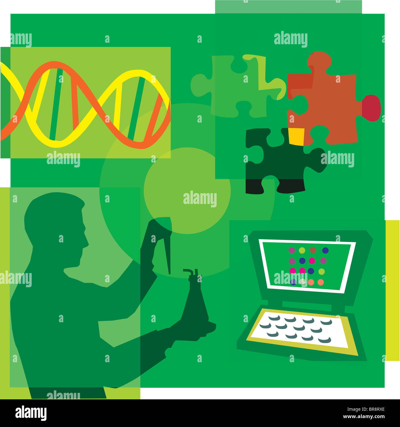 Montage-Illustration über DNA-Forschung, enthält ein Wissenschaftler, DNA, Puzzleteile und einem computer Stockfoto