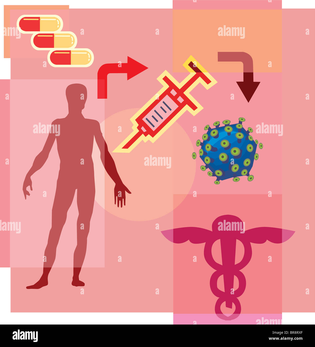 Montage-Abbildung über die Gentherapie mit Hermesstab, Spritze, Pillen, ein Mann Stockfoto