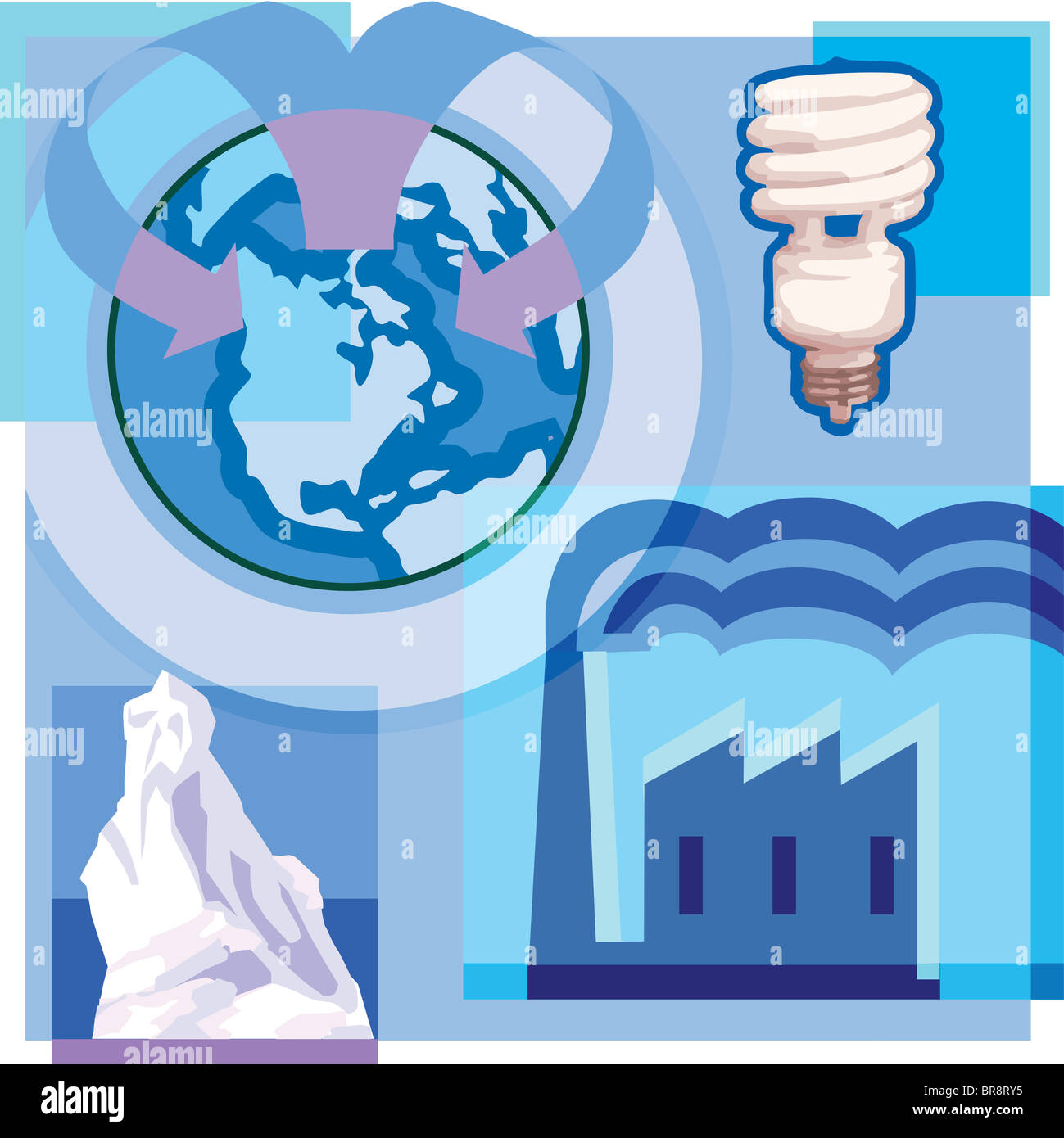 Montage-Abbildung über die globale Erwärmung mit einem Low-Watt-Glühbirne, Eisberg und Umweltverschmutzung durch die Industrie Stockfoto