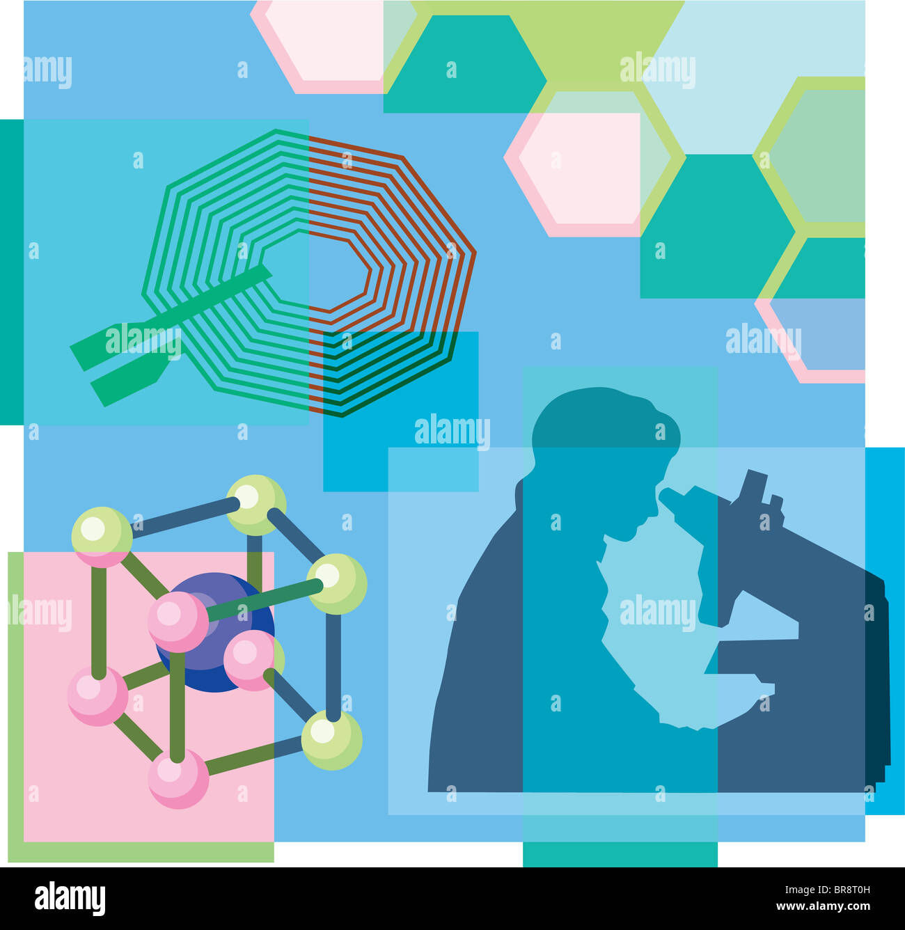 Montage-Illustration über Nanotechnologie, die eine Person sucht durch Mikroskop, Atome enthalten Stockfoto