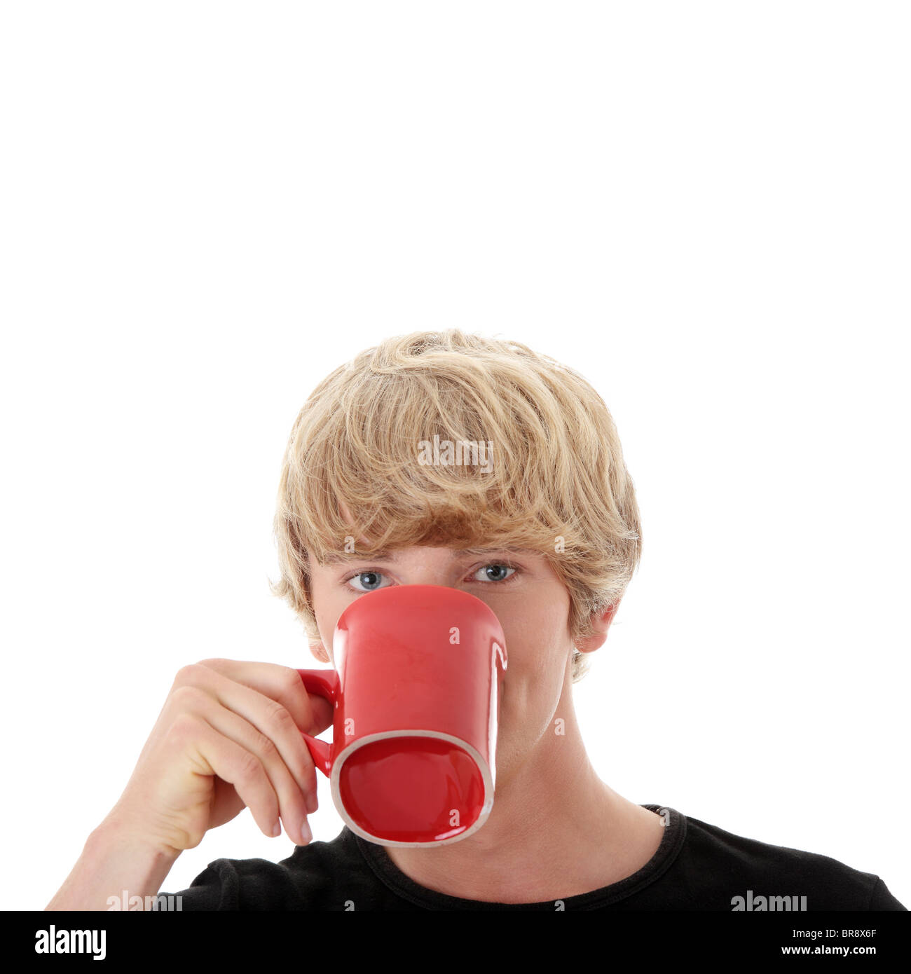 Man trinkt einen Kaffee oder Tee isoliert auf weißem Hintergrund Stockfoto