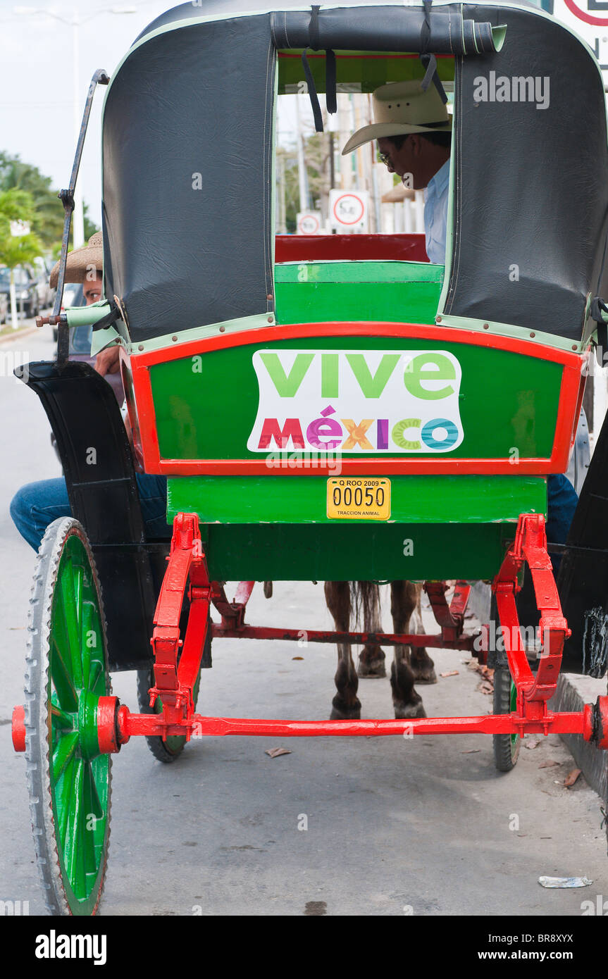 Mexiko, Cozumel. Pferdekutschtaxi, San Miguel, Isla Cozumel, Cozumel Island. Stockfoto