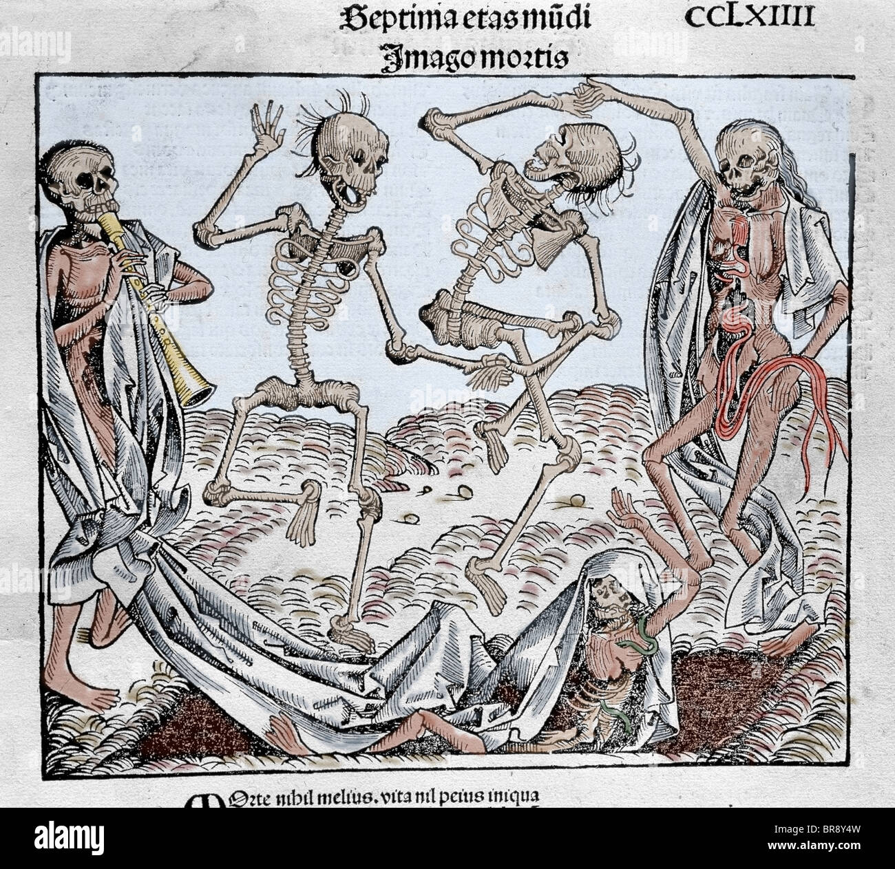 Der Tanz des Todes (1493) von Michael Wolgemut, aus dem Liber Chronicarum von Hartmann Schedel. Farbige Gravur. Stockfoto