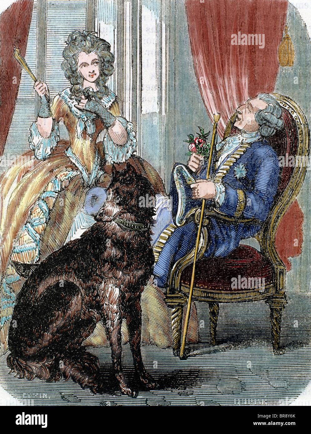 Louis XV (1710 – 1774). König von Frankreich (1715 – 1774) und Marie Jeanne Becu, Comtesse du Barry. Farbige Gravur von 1851. Stockfoto