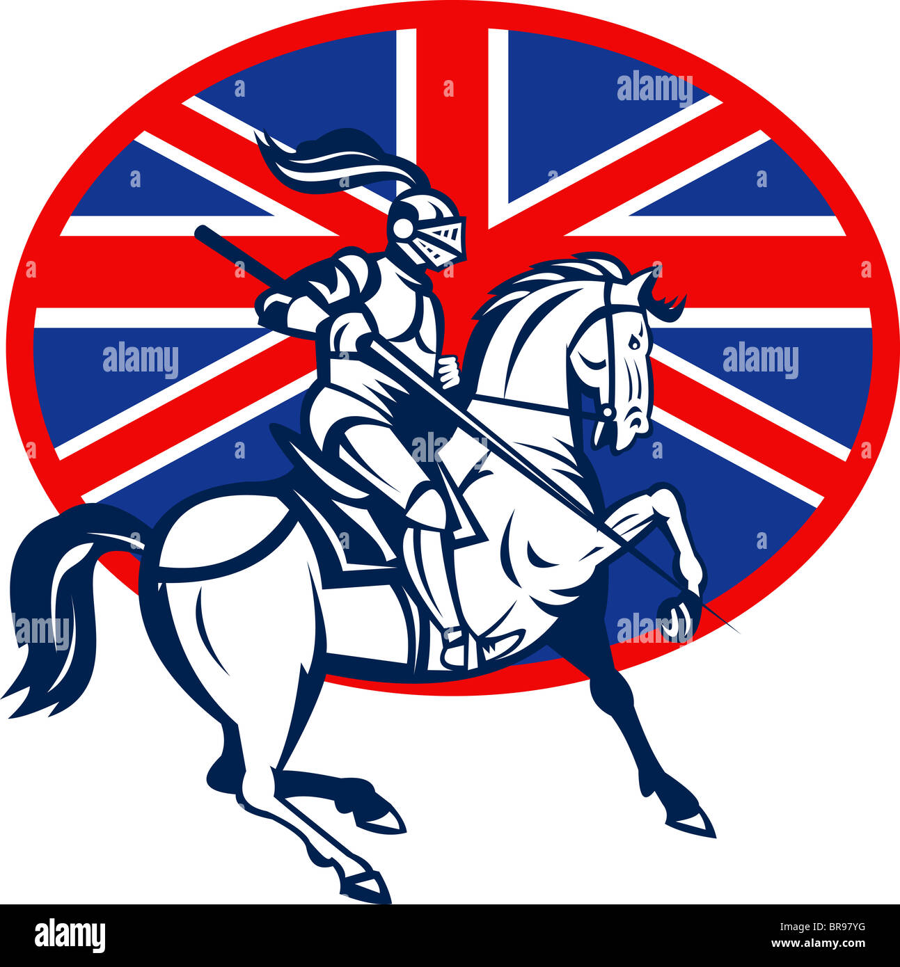 Ritter auf Pferd mit Lanze und Briten oder Großbritannien Flagge im Retro-Stil Abbildung getan Stockfoto