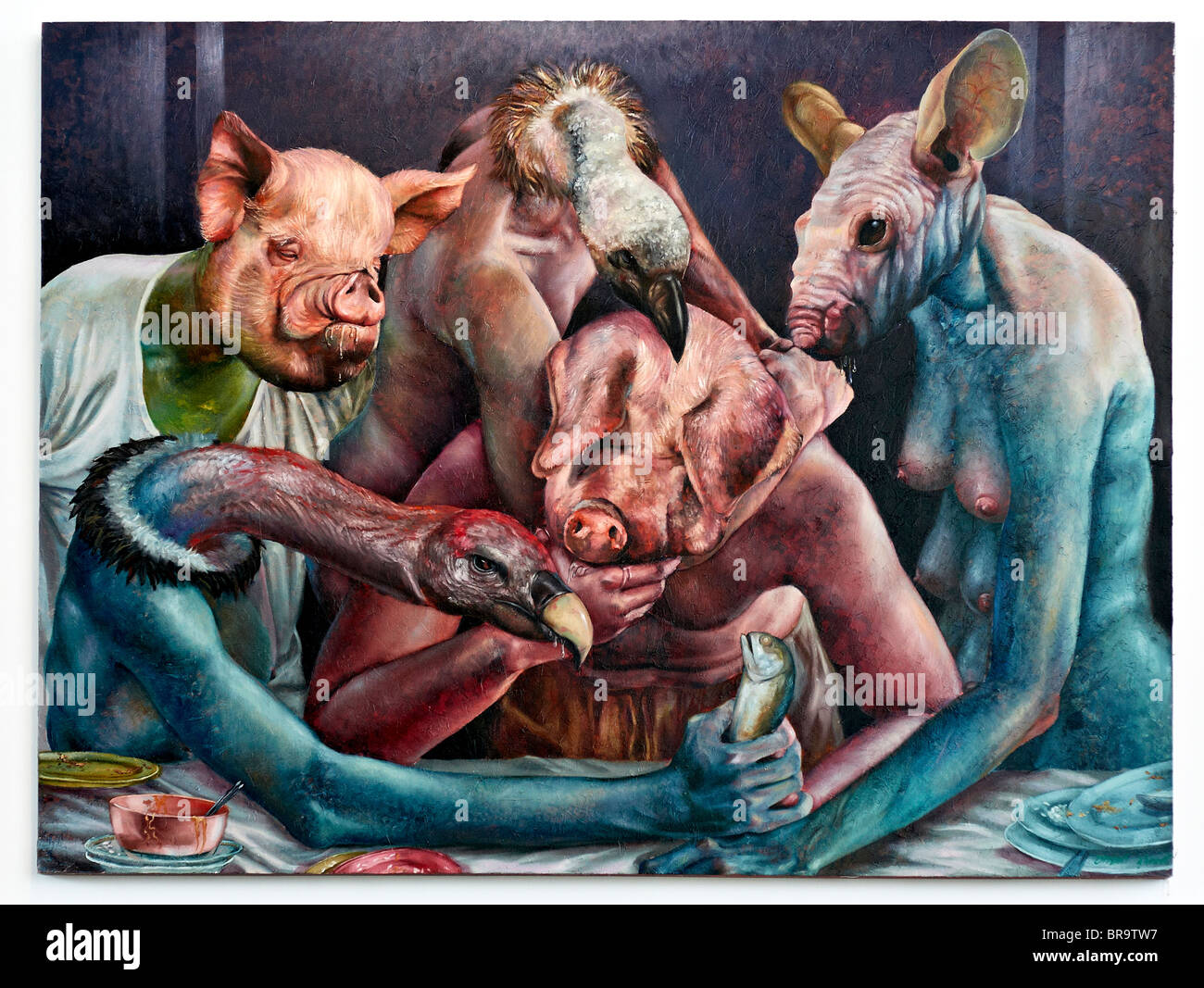 Surreale Malerei einer Ansammlung von menschenähnlichen Tieren. Interpretation des Anthropomorphismus. Stockfoto