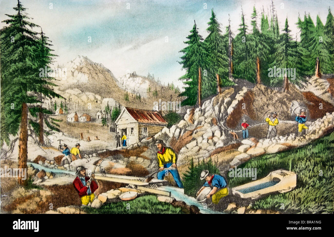 DER 1800ER CURRIER & IVES FARBE GRAVUR DER GOLDBERGBAU FELDER IN KALIFORNIEN CA. 1848 1849 Stockfoto