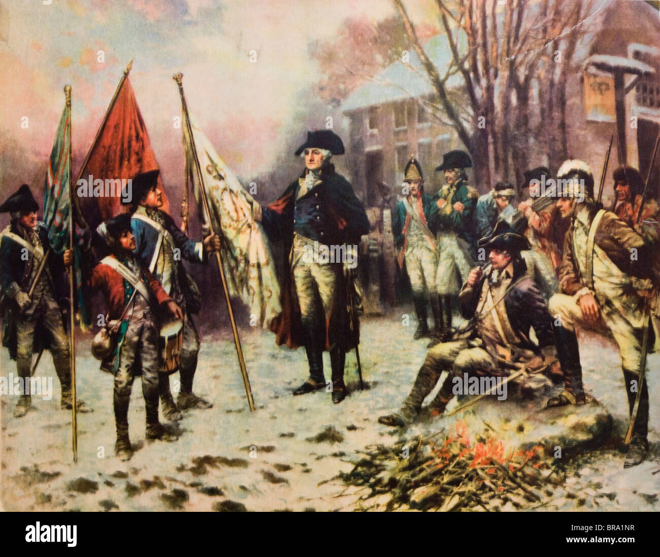 1700S 1770S GEMÄLDE VON GEORGE WASHINGTON WINTER BEI VALLEY FORGE MIT SOLDATEN UM IHN AMERIKANISCHE REVOLUTION Stockfoto