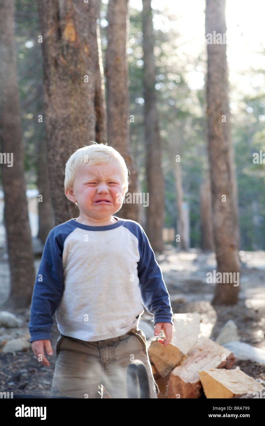 Kleiner Junge weinend in den Wäldern Stockfoto