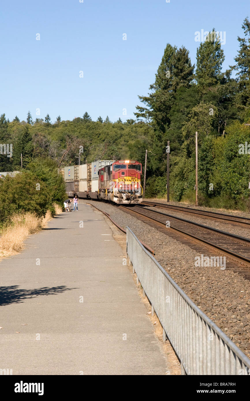 Burlington Northern Santa Fe BNSF Eisenbahn Container Güterzug bei in Tacoma WA USA Vereinigte Staaten von Amerika Stockfoto