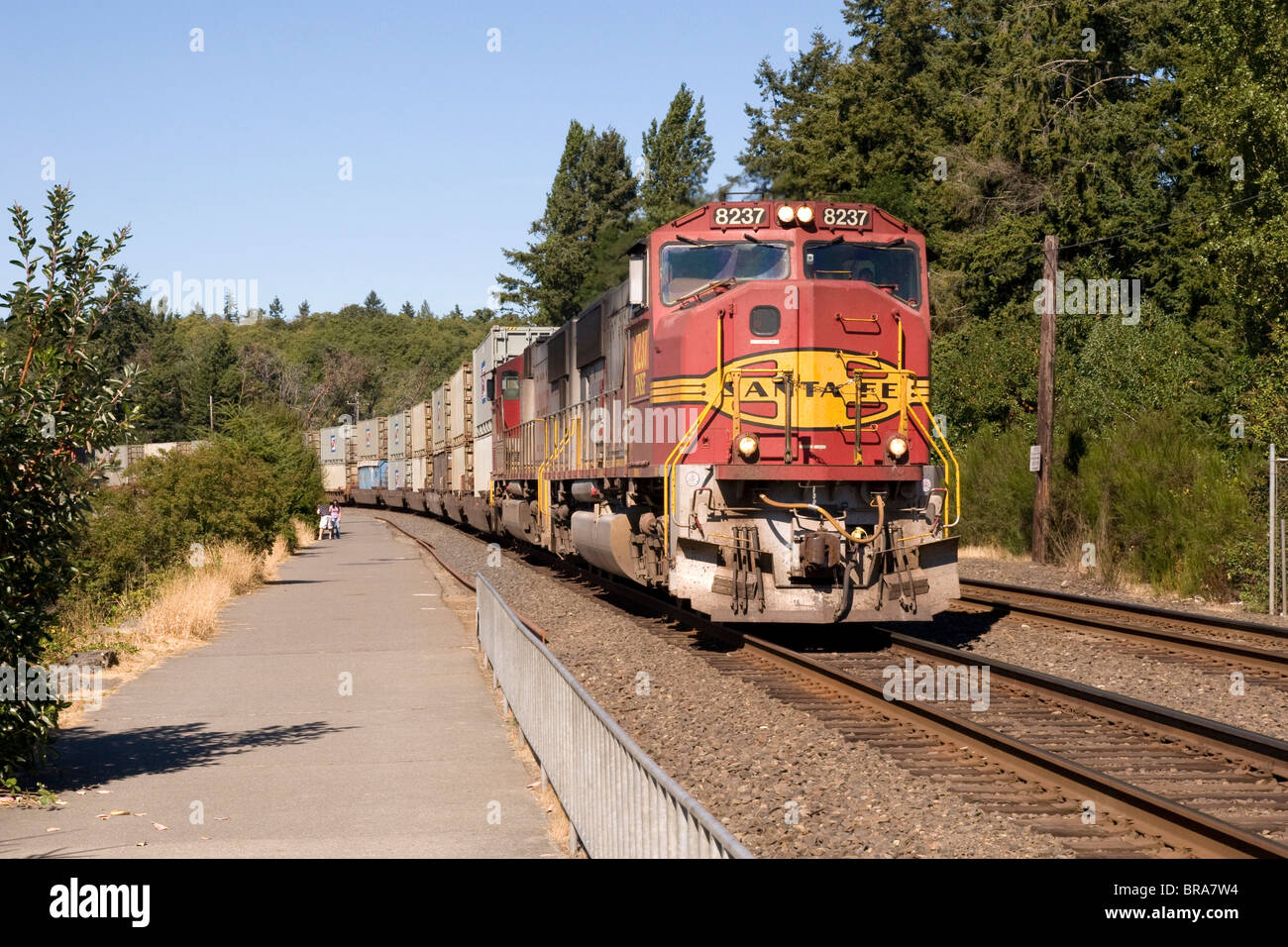 Burlington Northern Santa Fe BNSF Eisenbahn Container Güterzug bei in Tacoma WA USA Vereinigte Staaten von Amerika Stockfoto