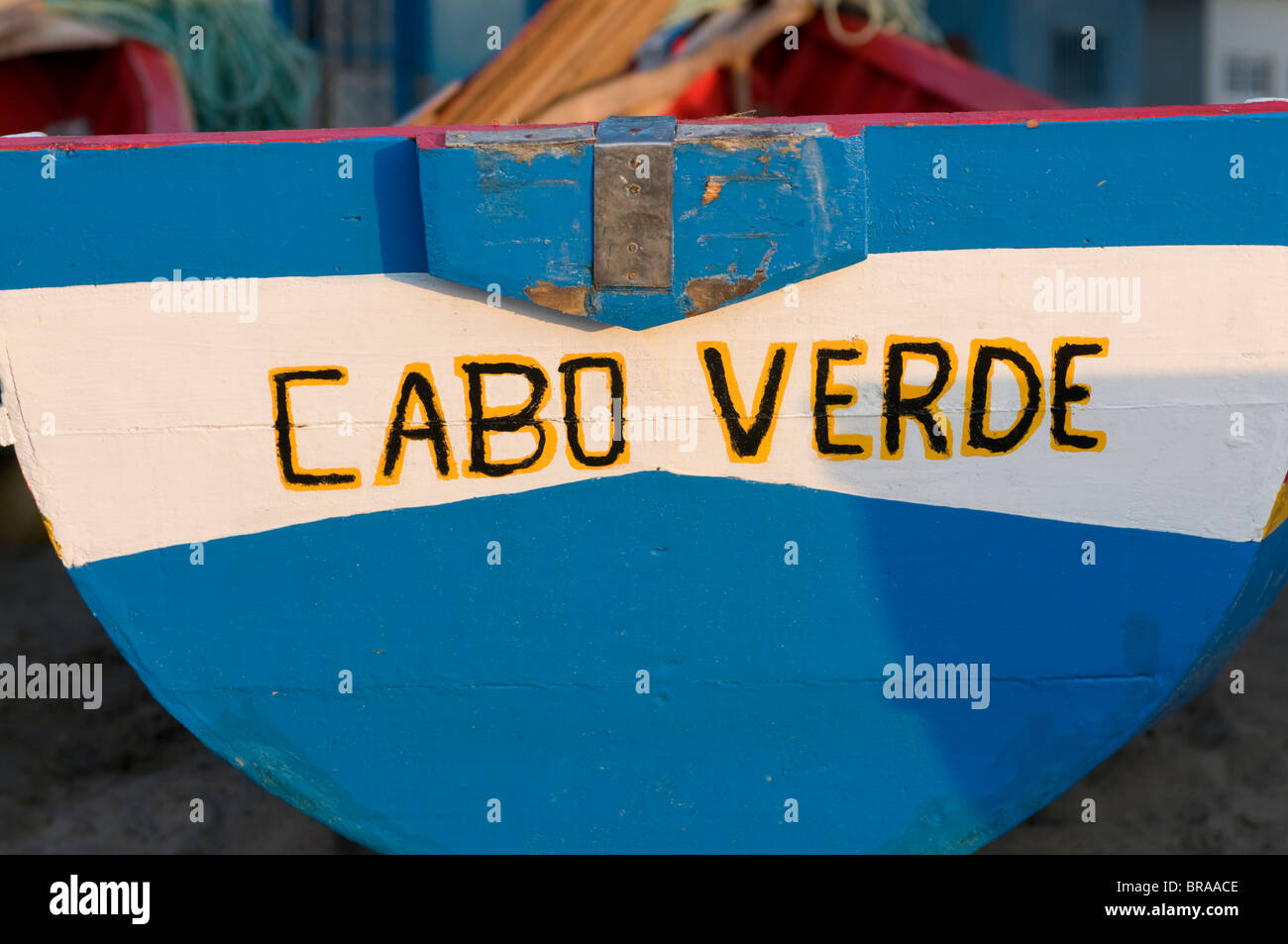 Angelboot/Fischerboot mit Cabo Verde Name, Tarrafal, Santiago, Kapverdische Inseln, Afrika Stockfoto