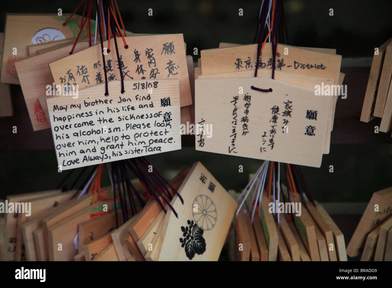 Hölzerne Vermögen (Omikuji), Gebet Plaketten, Meiji-Jingu Schrein Shinto-Schrein, Tokyo, Japan, Asien Stockfoto