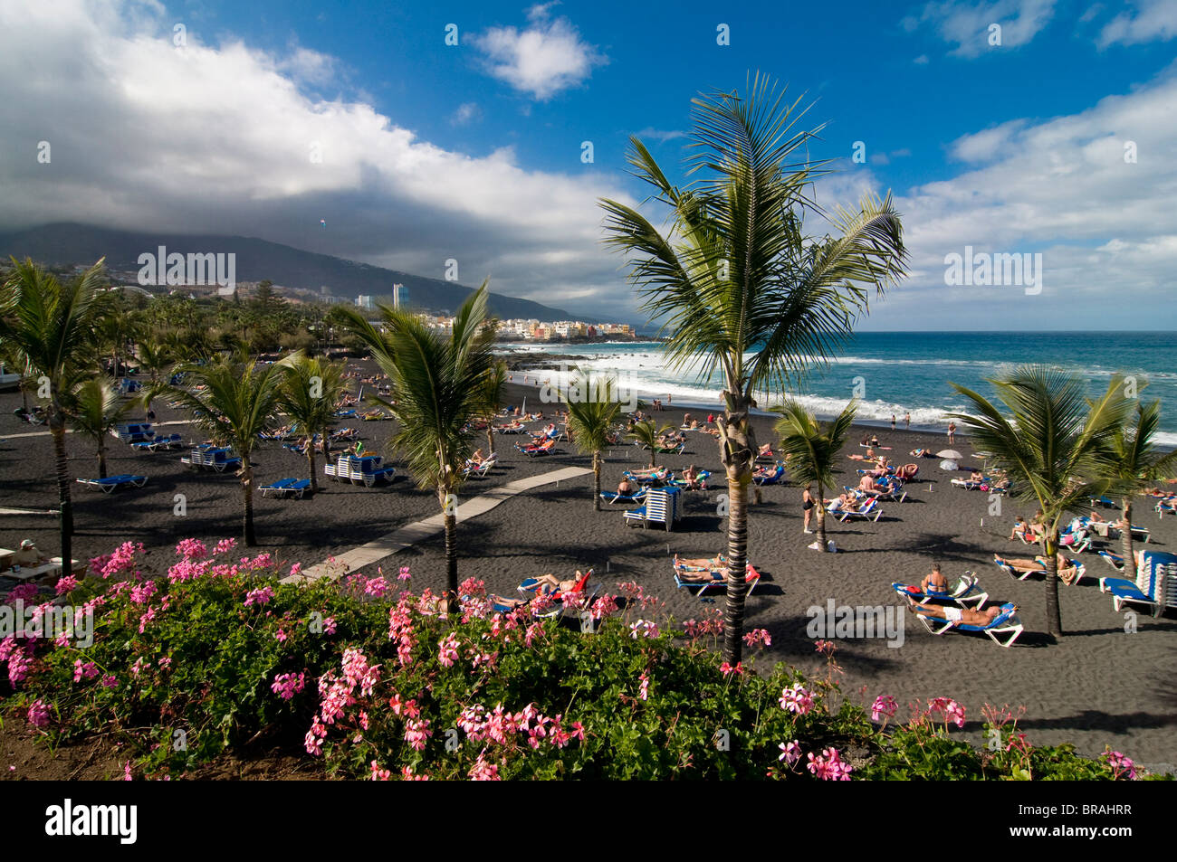 Der vulkanische Strand Puerto Cruz, Teneriffa, Kanarische Inseln, Spanien, Atlantik, Europa Stockfoto