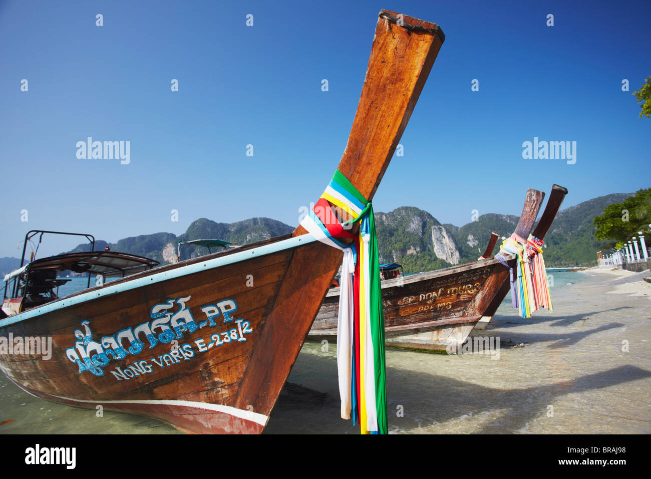 Longtailboote am Ao Ton Sai Beach, Ko Phi Phi Don, Provinz Krabi, Thailand, Südostasien, Asien Stockfoto