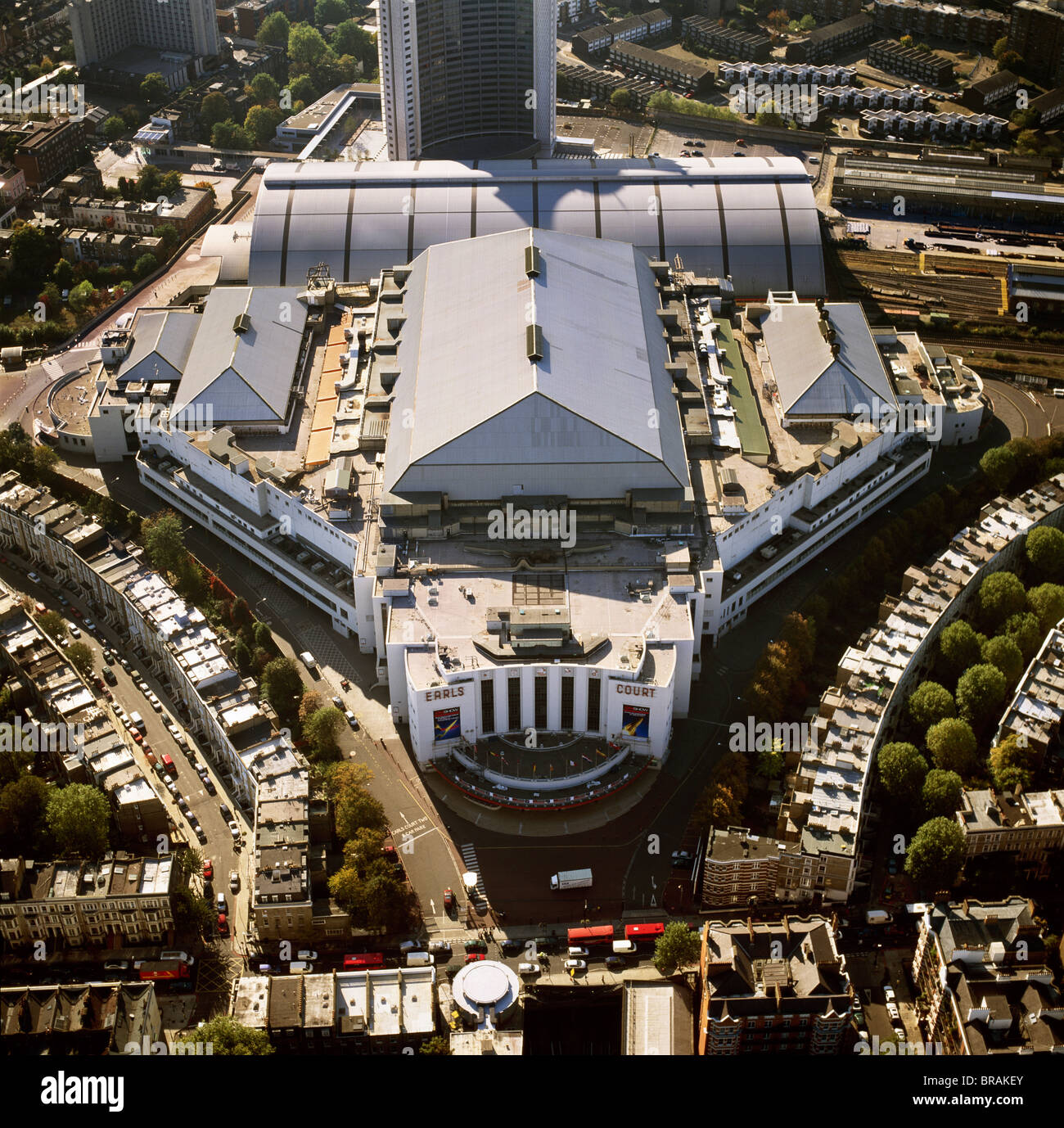 Luftaufnahme des Earls Court Exhibition Centre, Warwick Road, West London, London, England, Vereinigtes Königreich, Europa Stockfoto