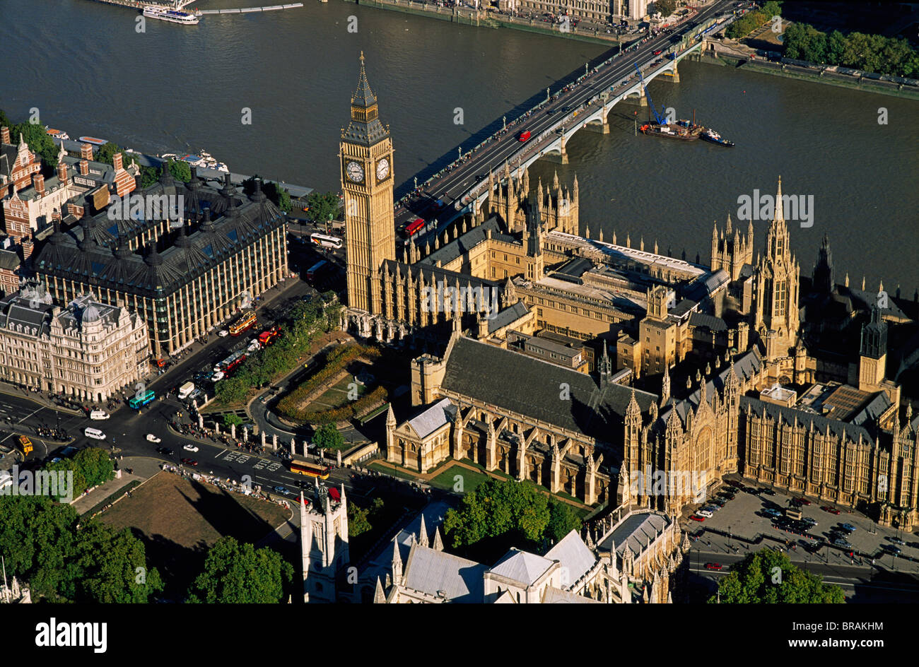 Luftaufnahme der Houses of Parliament (Palace of Westminster) und Big Ben, UNESCO, Westminster, London, England, UK Stockfoto