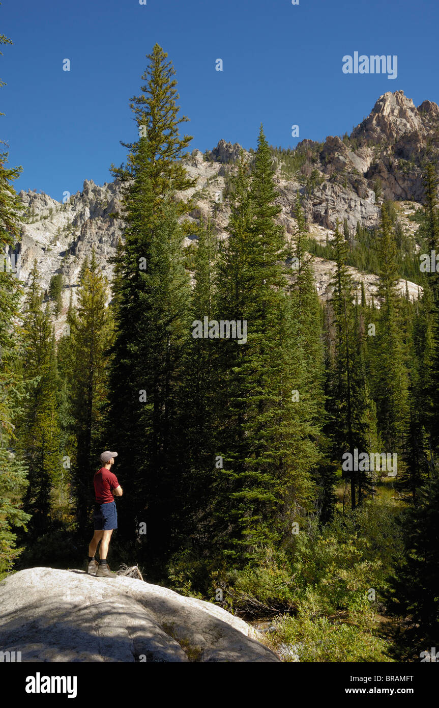 Bewundern Sie die Aussicht, Sawtooth Mountains, Sägezahn Wildnis, Sawtooth National Recreation Area, Rocky Mountains, Idaho, USA Stockfoto